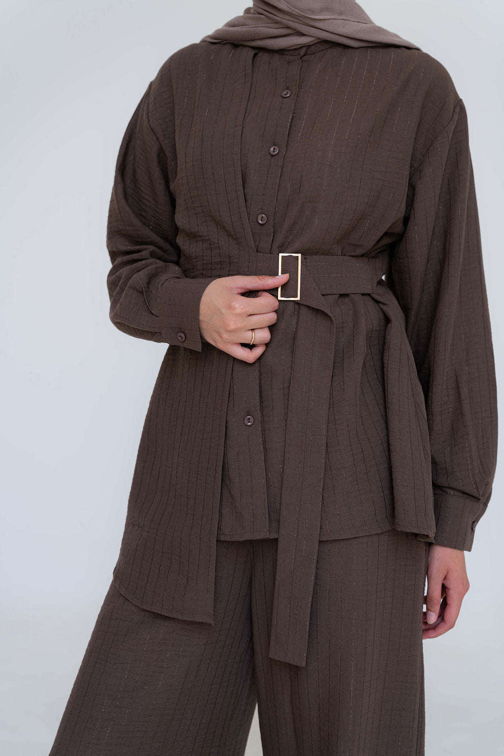 Striped Linen Set-Brown