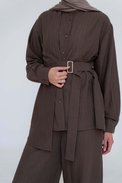 Striped Linen Set-Brown