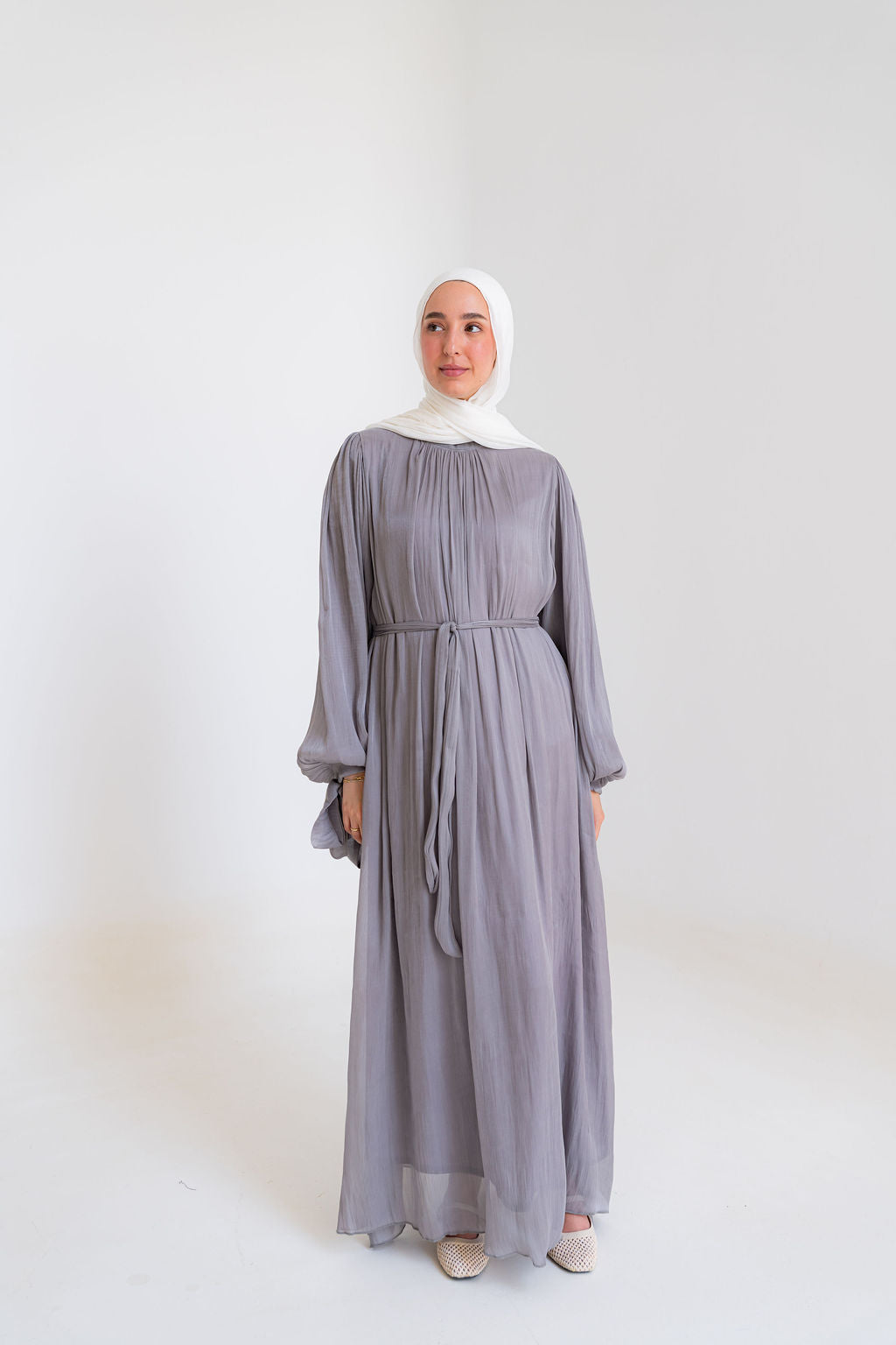 Shimmer Crinkled Satin Dress-Gray