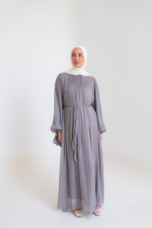 Shimmer Crinkled Satin Dress-Gray