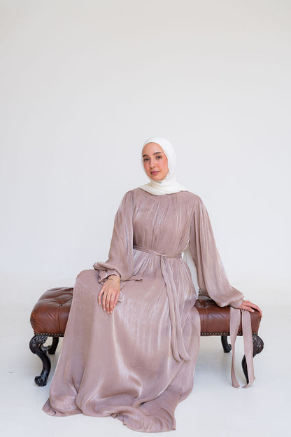 Shimmer Crinkled Satin Dress-Coffe