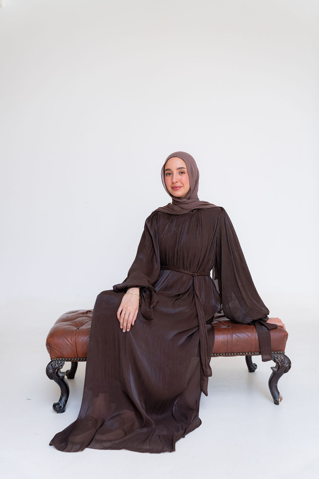 Shimmer Crinkled Satin Dress-Brown