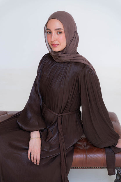Shimmer Crinkled Satin Dress-Brown