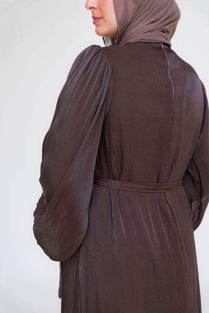 Shimmer Crinkled Satin Dress-Brown