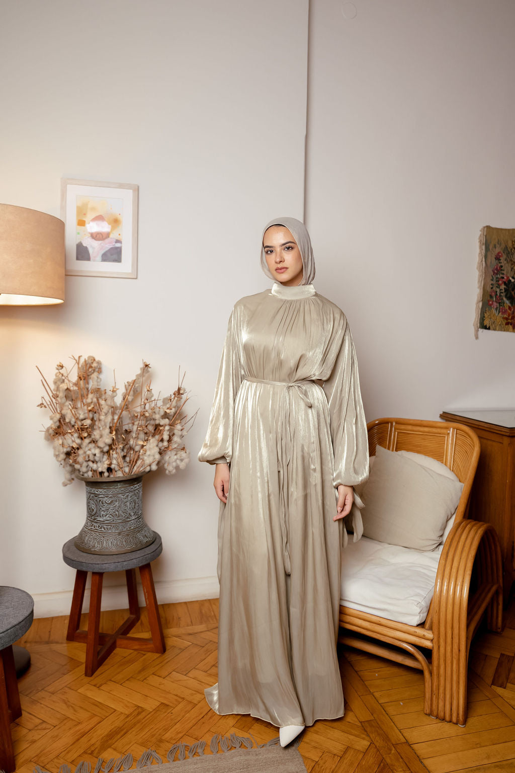 Shimmer Crinkled Satin Dress- Sage