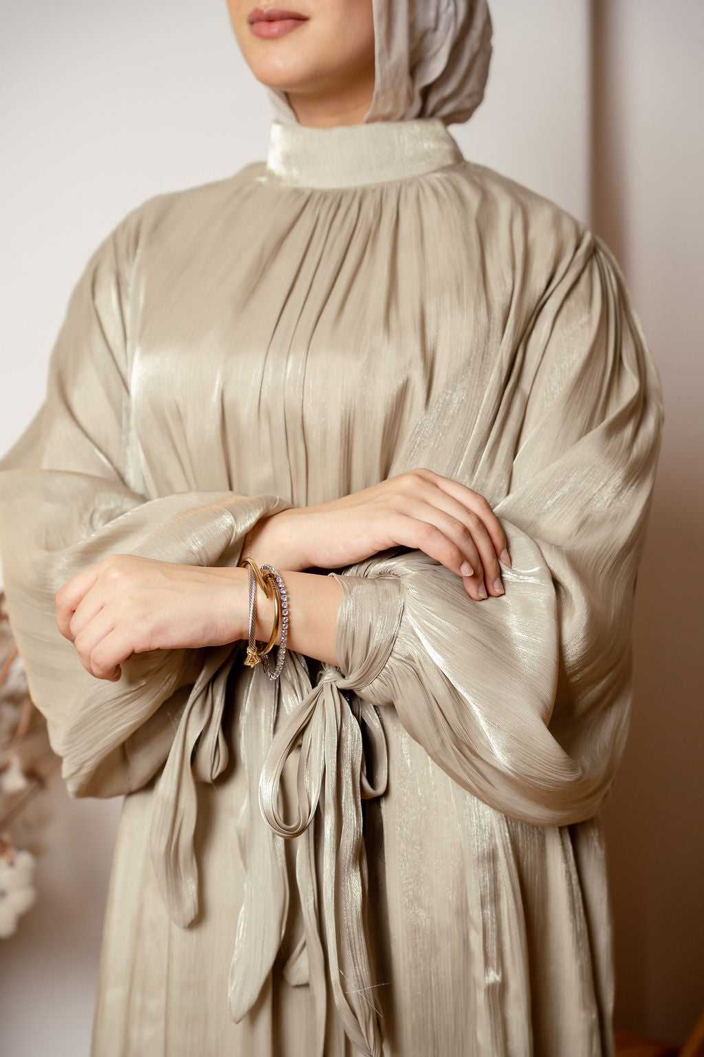 Shimmer Crinkled Satin Dress- Sage