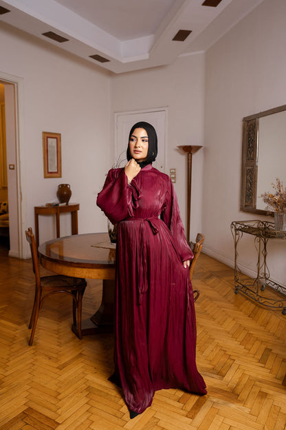 Shimmer Crinkled Satin Dress- Maroon