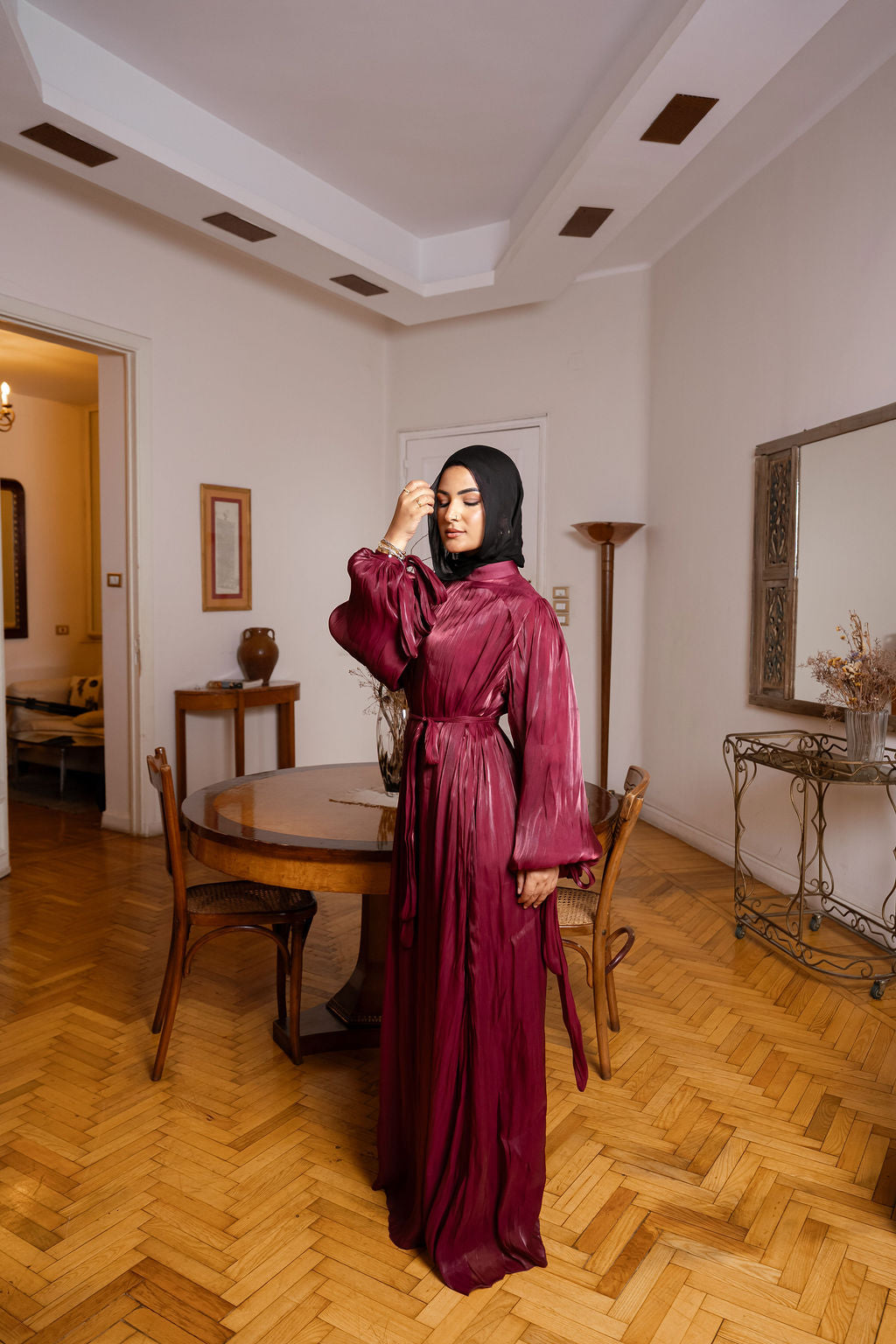 Shimmer Crinkled Satin Dress- Maroon