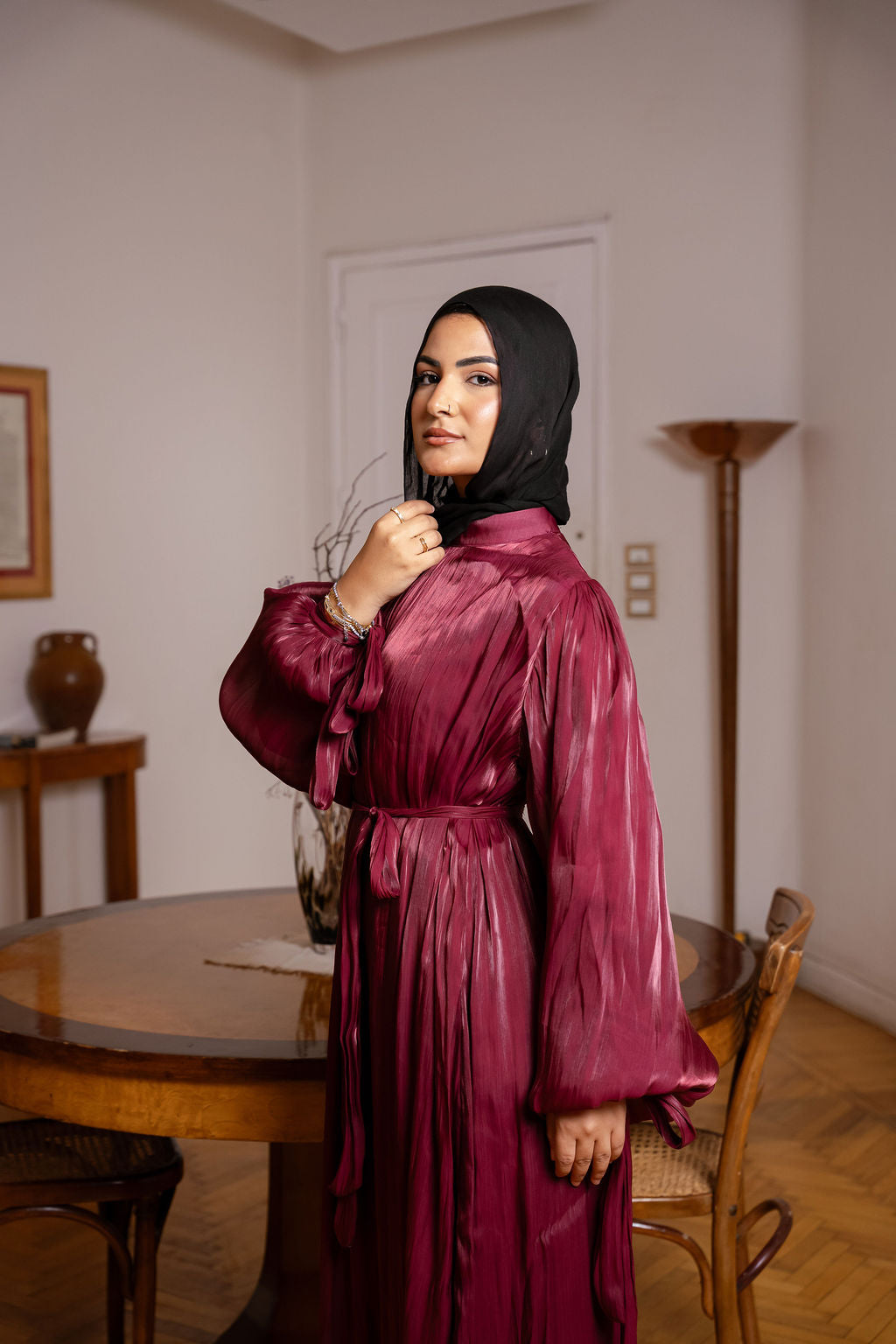 Shimmer Crinkled Satin Dress- Maroon