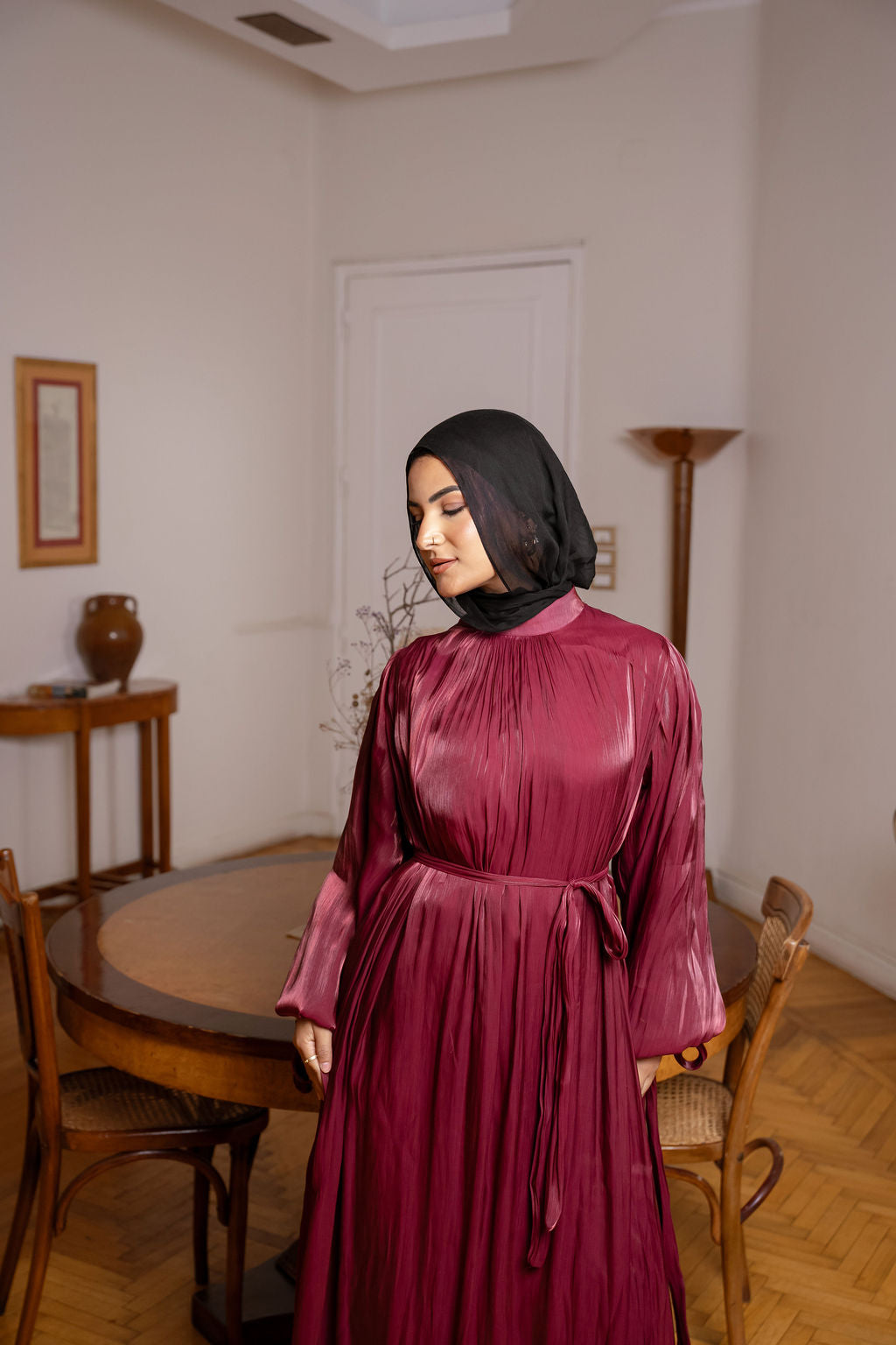 Shimmer Crinkled Satin Dress- Maroon