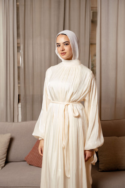 Shimmer Crinkled Satin Dress- Offwhite