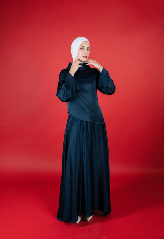 Soft Drape Satin Set -Navy