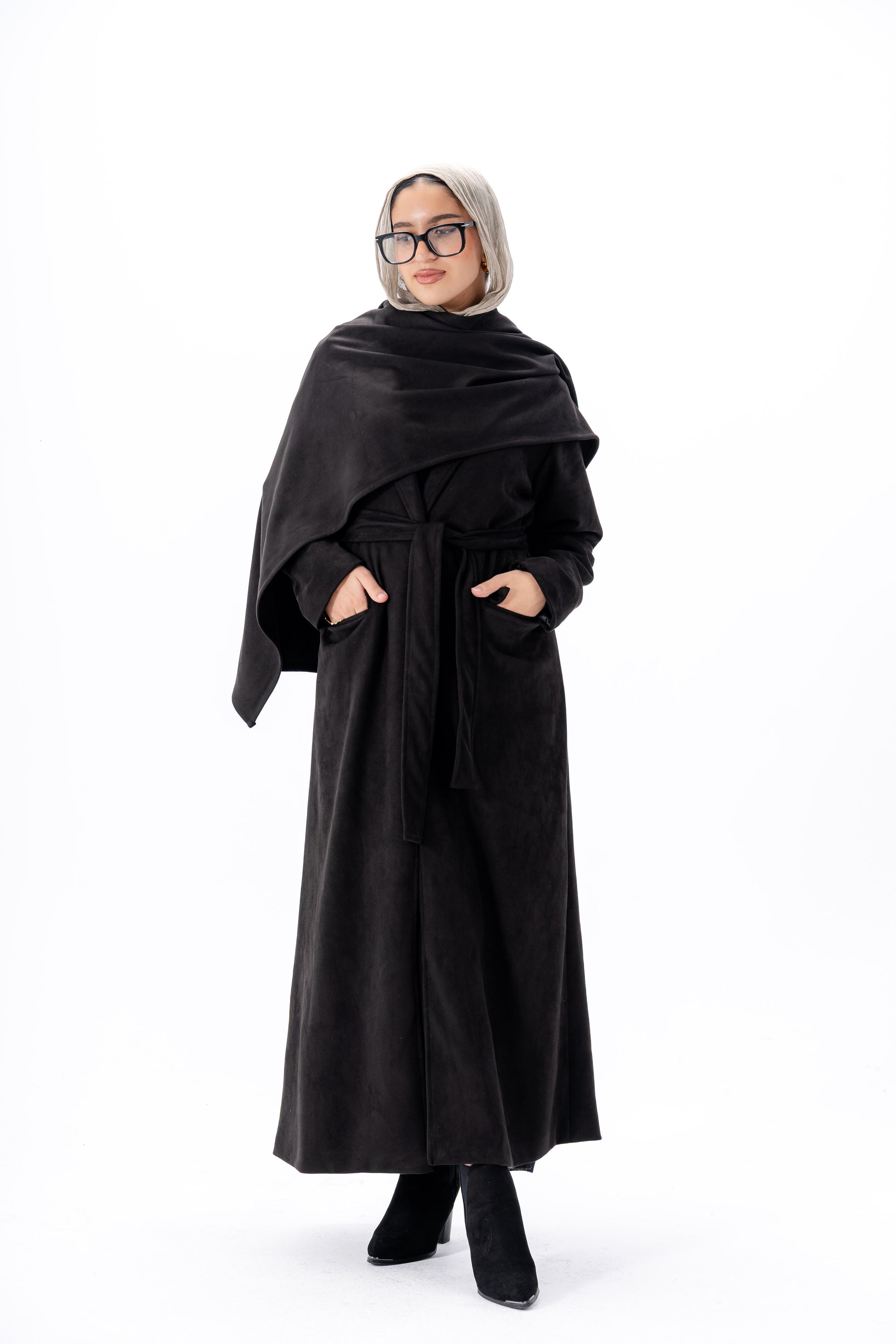 Suede Coat With Scarf- Black