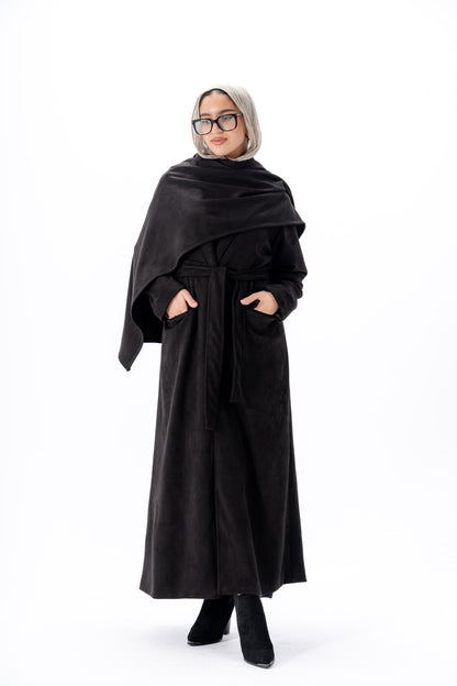 Suede Coat With Scarf- Black