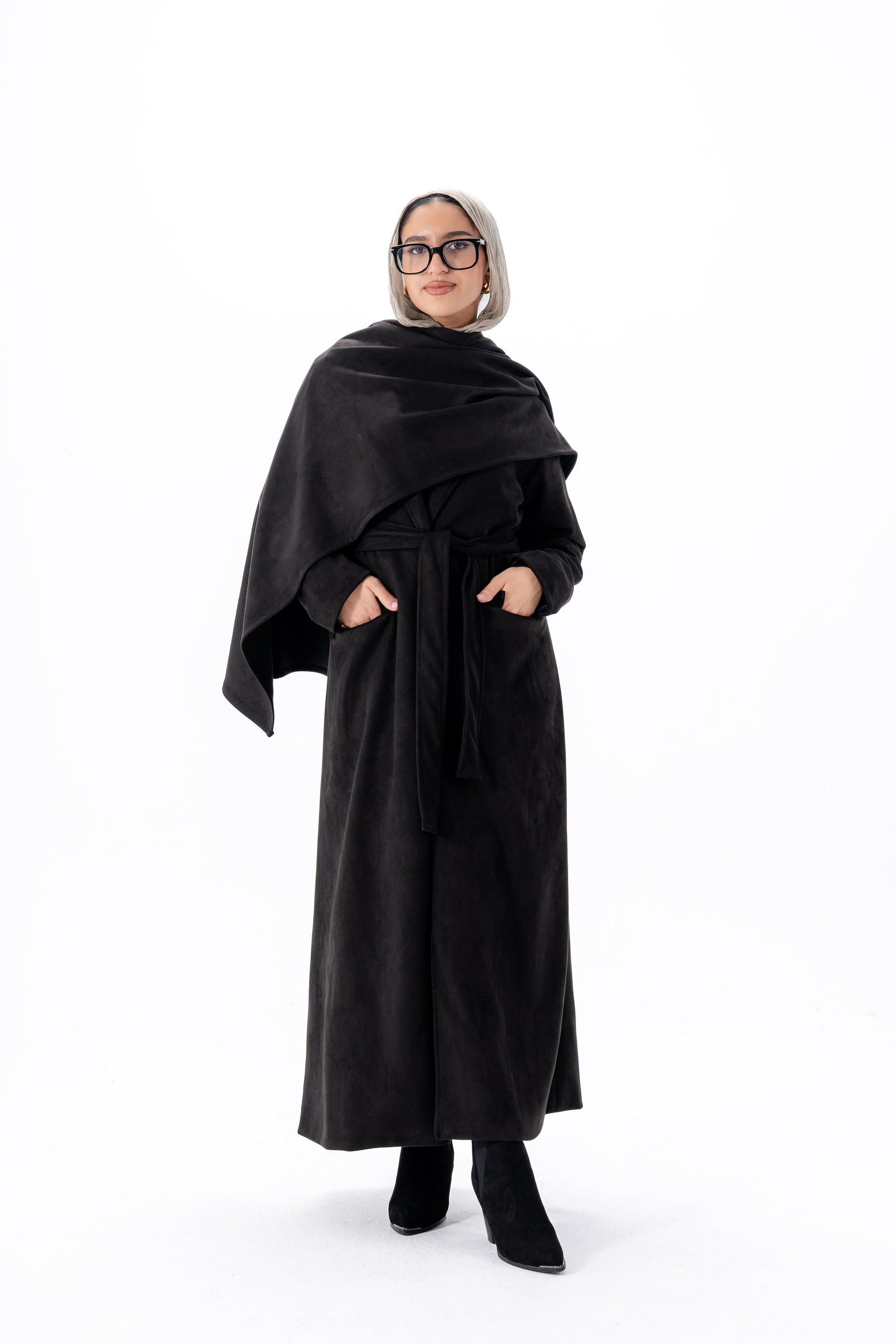 Suede Coat With Scarf- Black