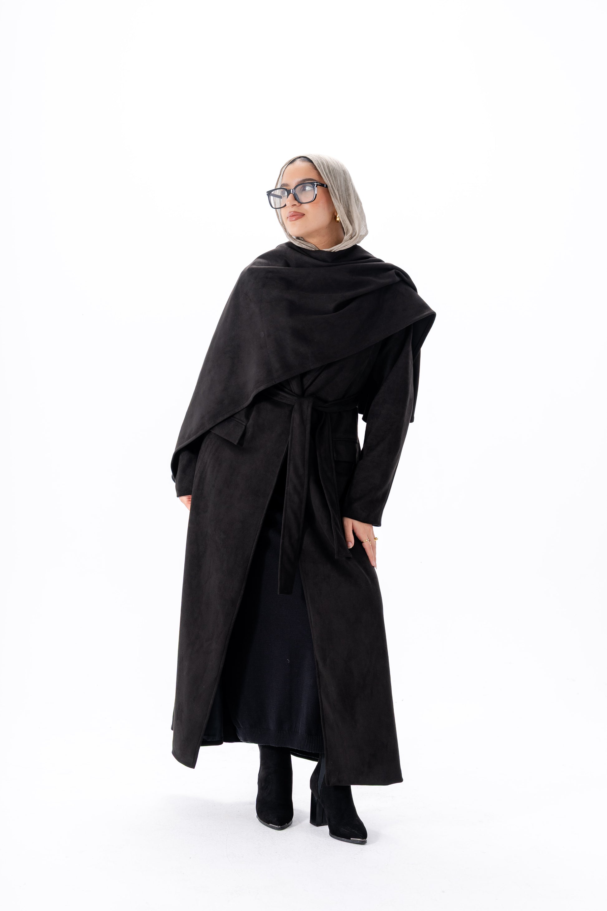 Suede Coat With Scarf- Black
