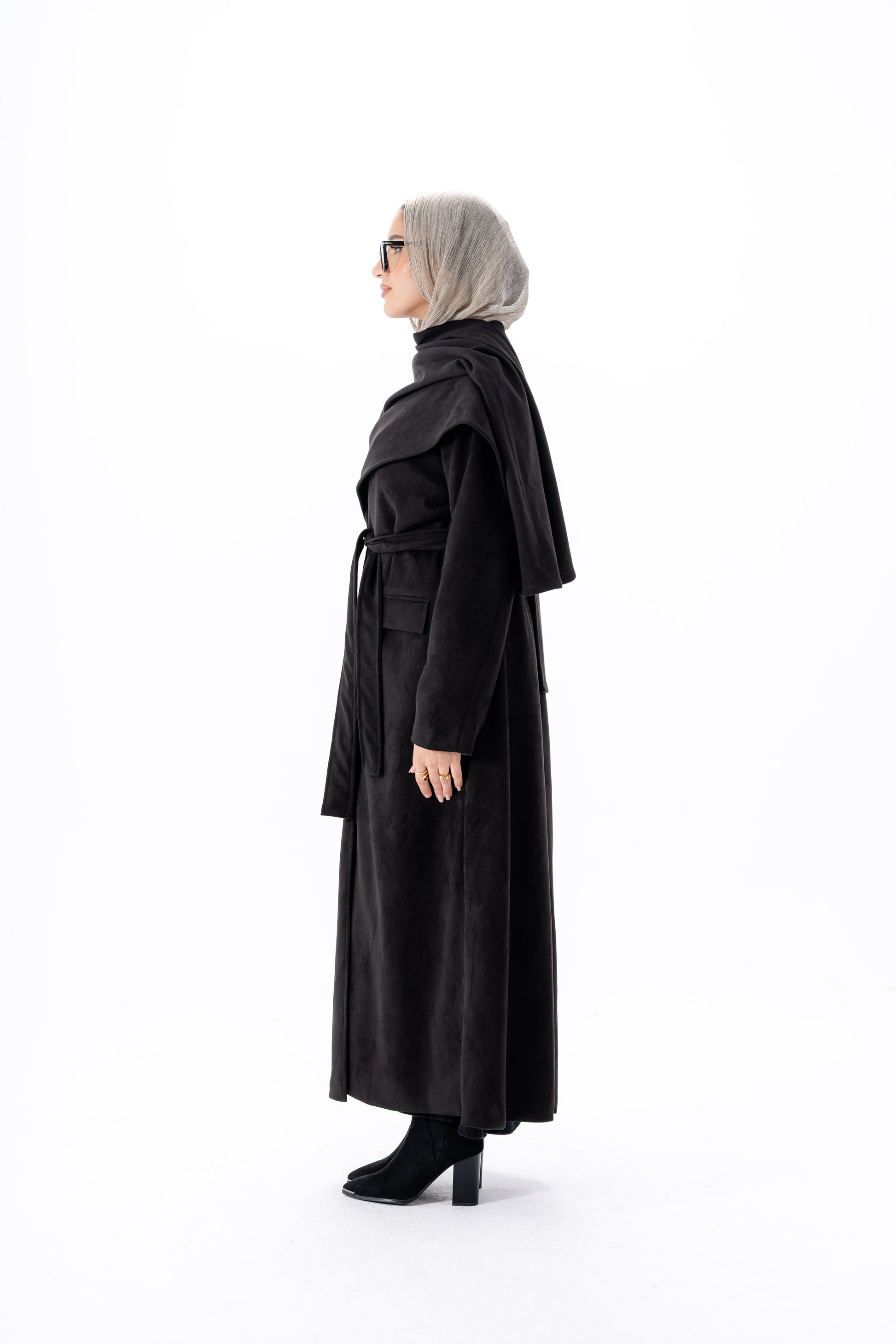 Suede Coat With Scarf- Black
