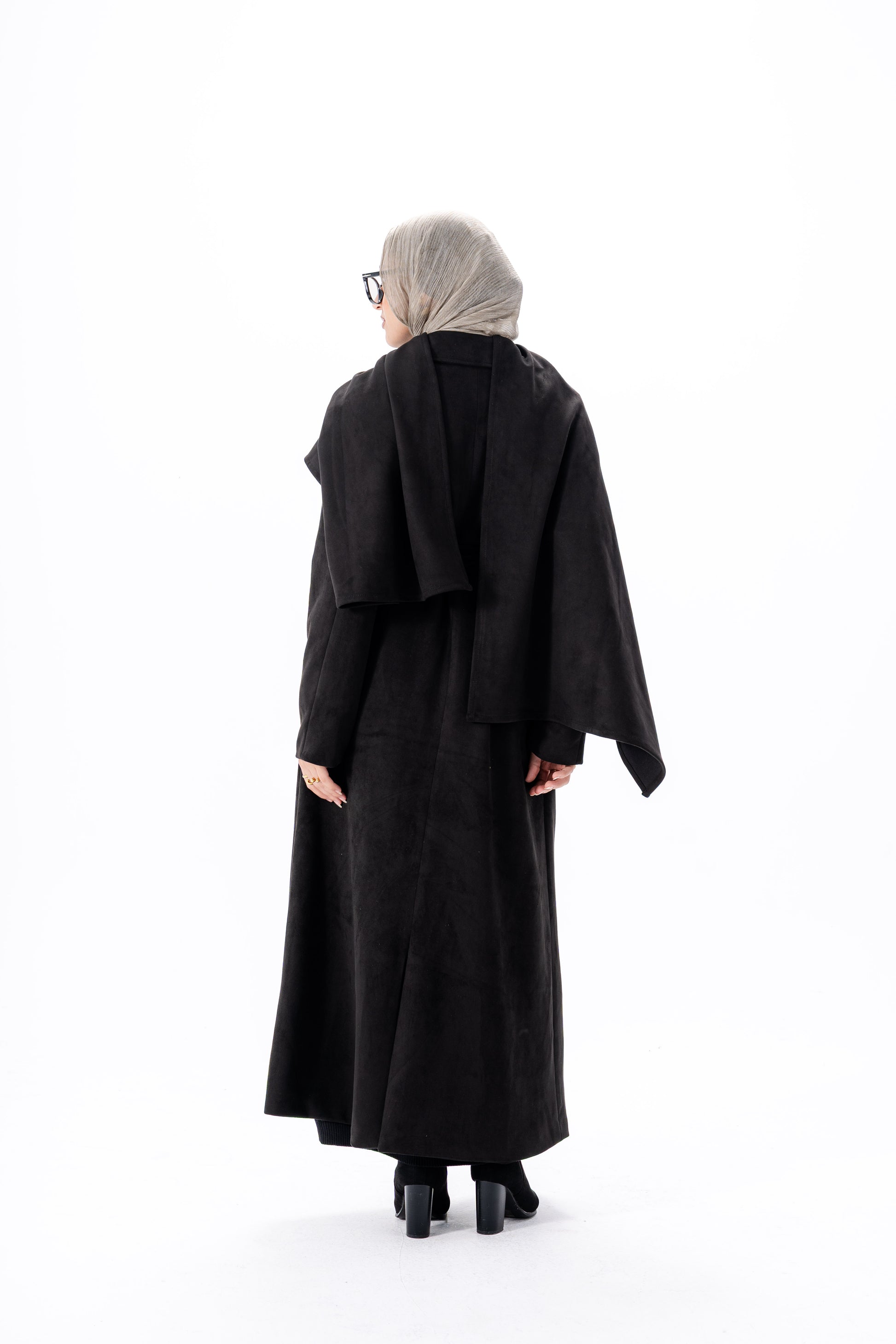 Suede Coat With Scarf- Black