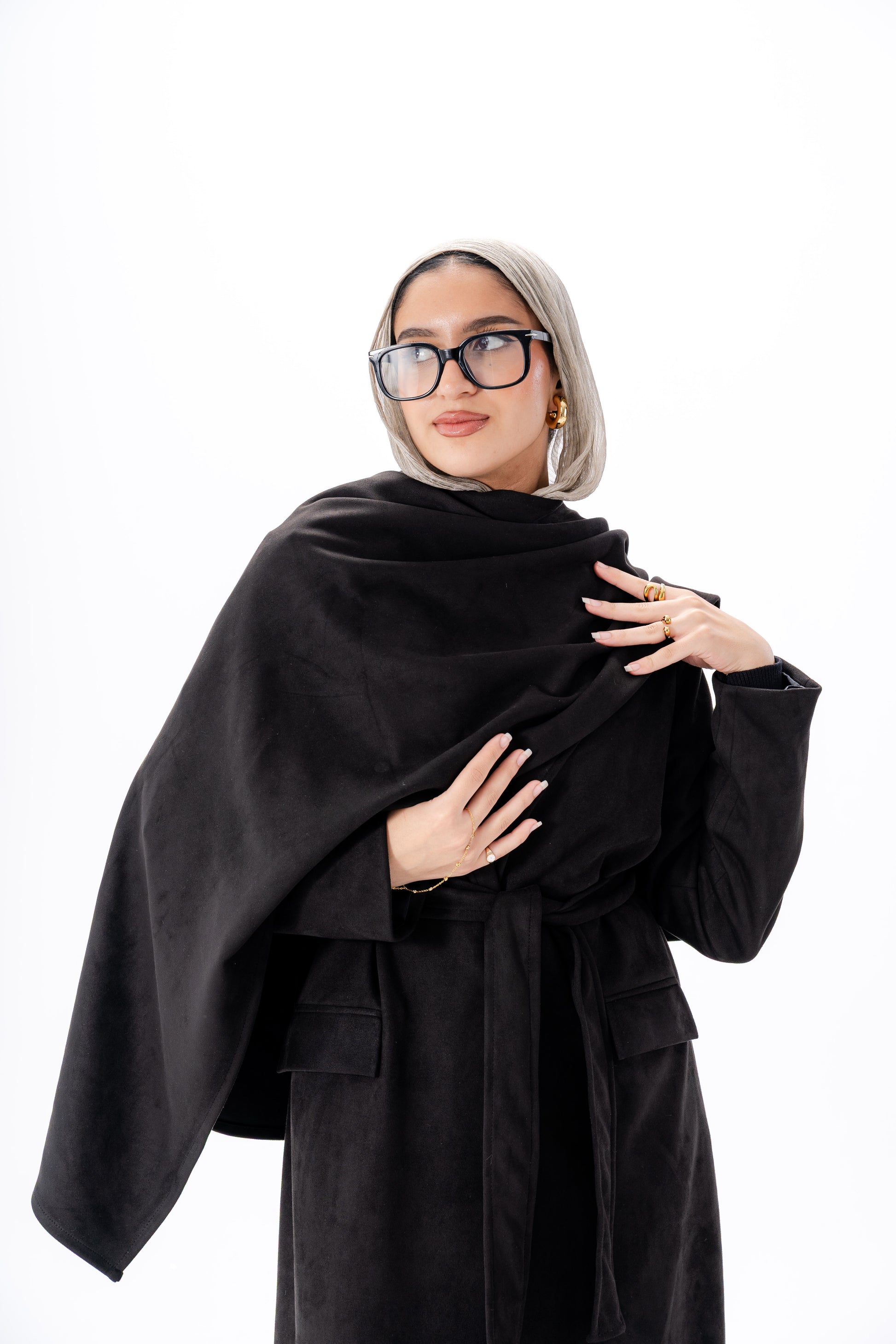 Suede Coat With Scarf- Black