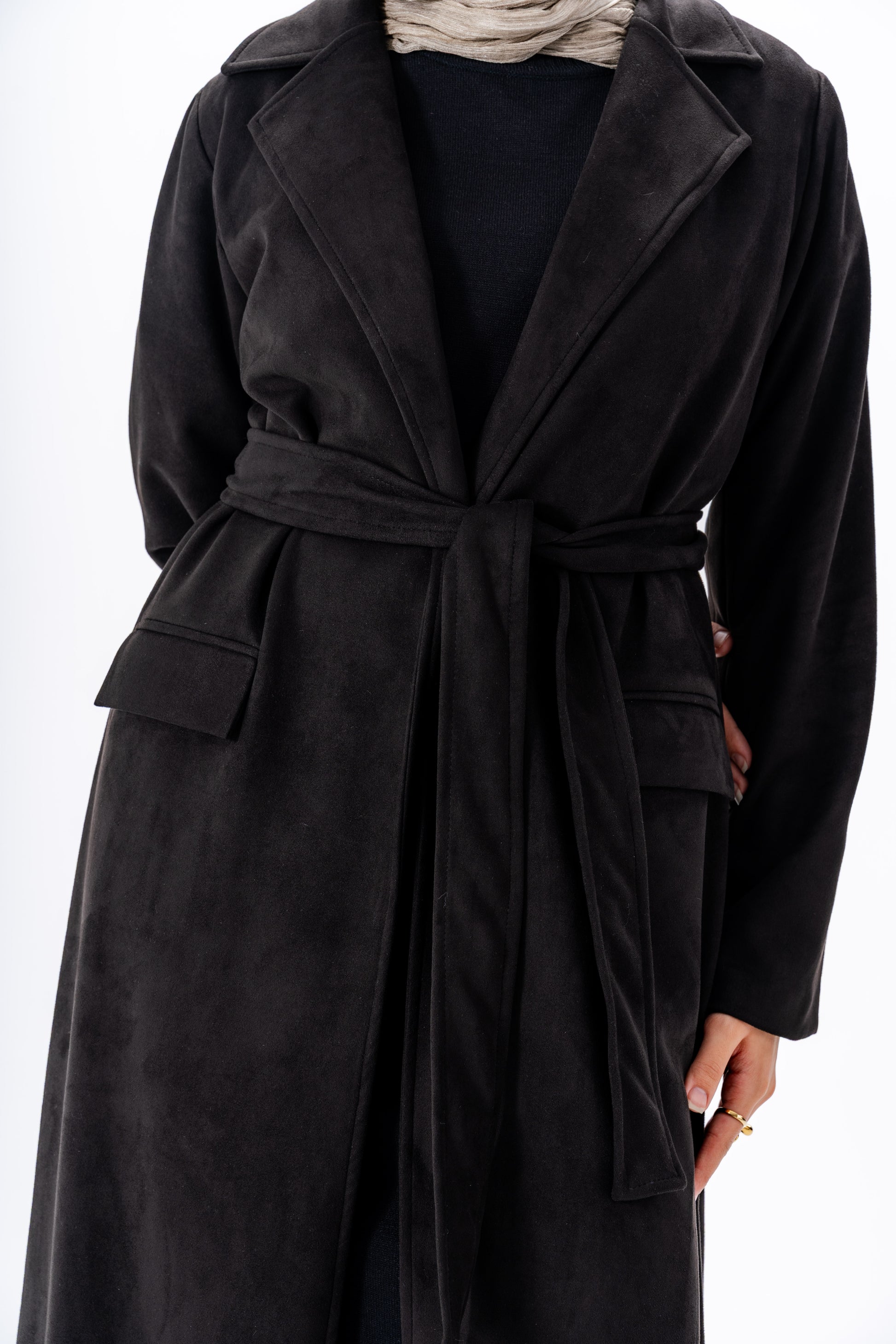Suede Coat With Scarf- Black