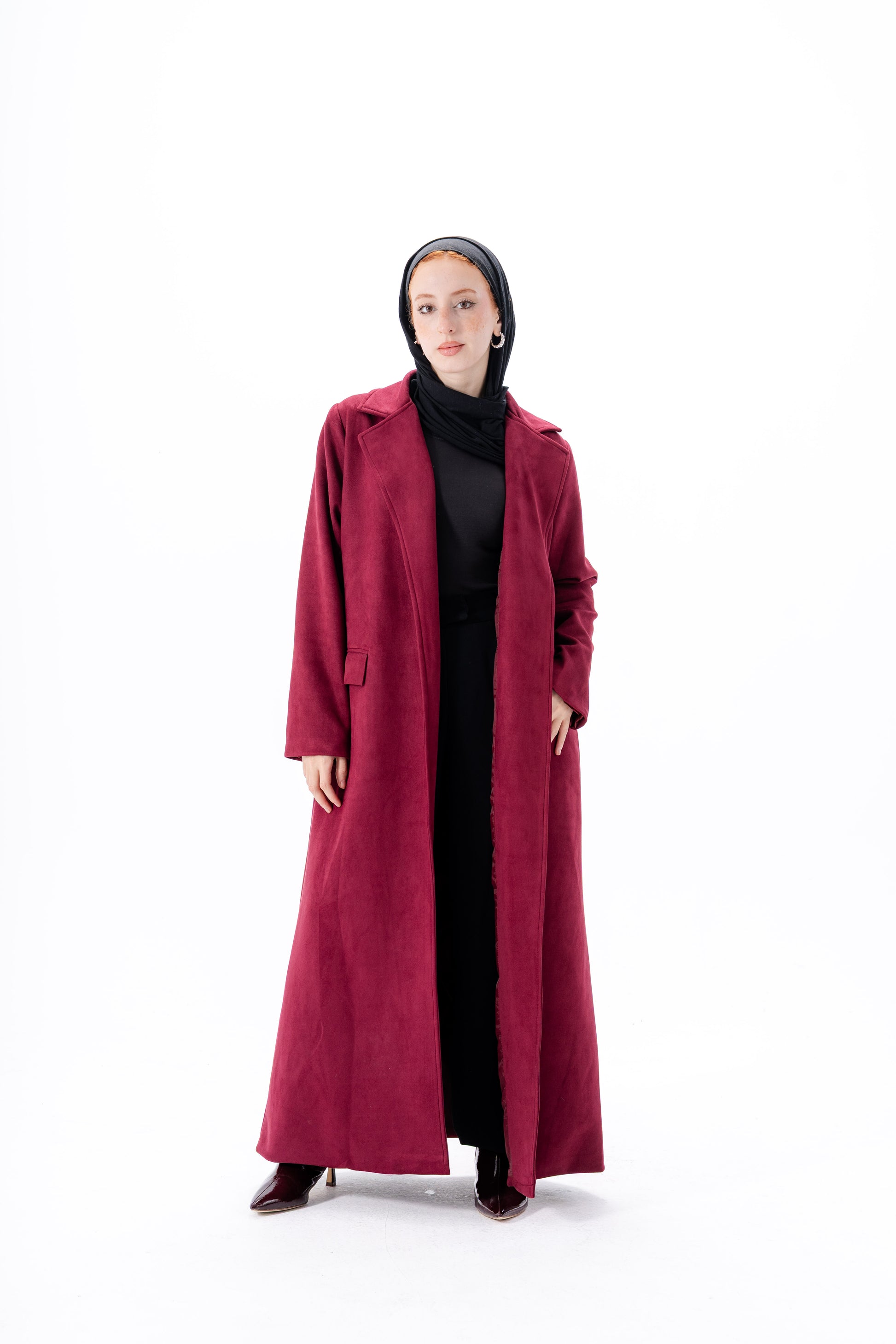 Suede Coat With Scarf-Maroon