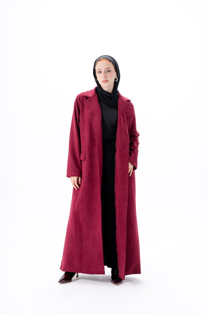 Suede Coat With Scarf-Maroon