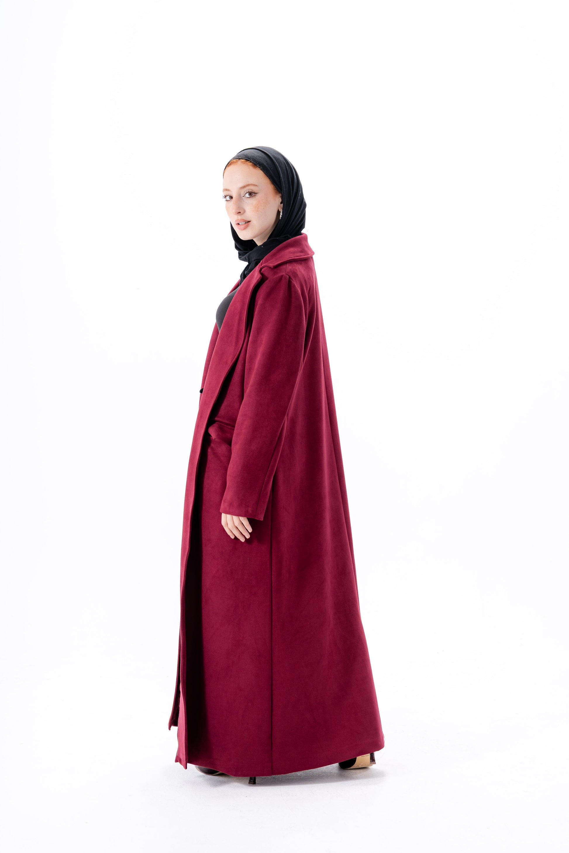 Suede Coat With Scarf-Maroon