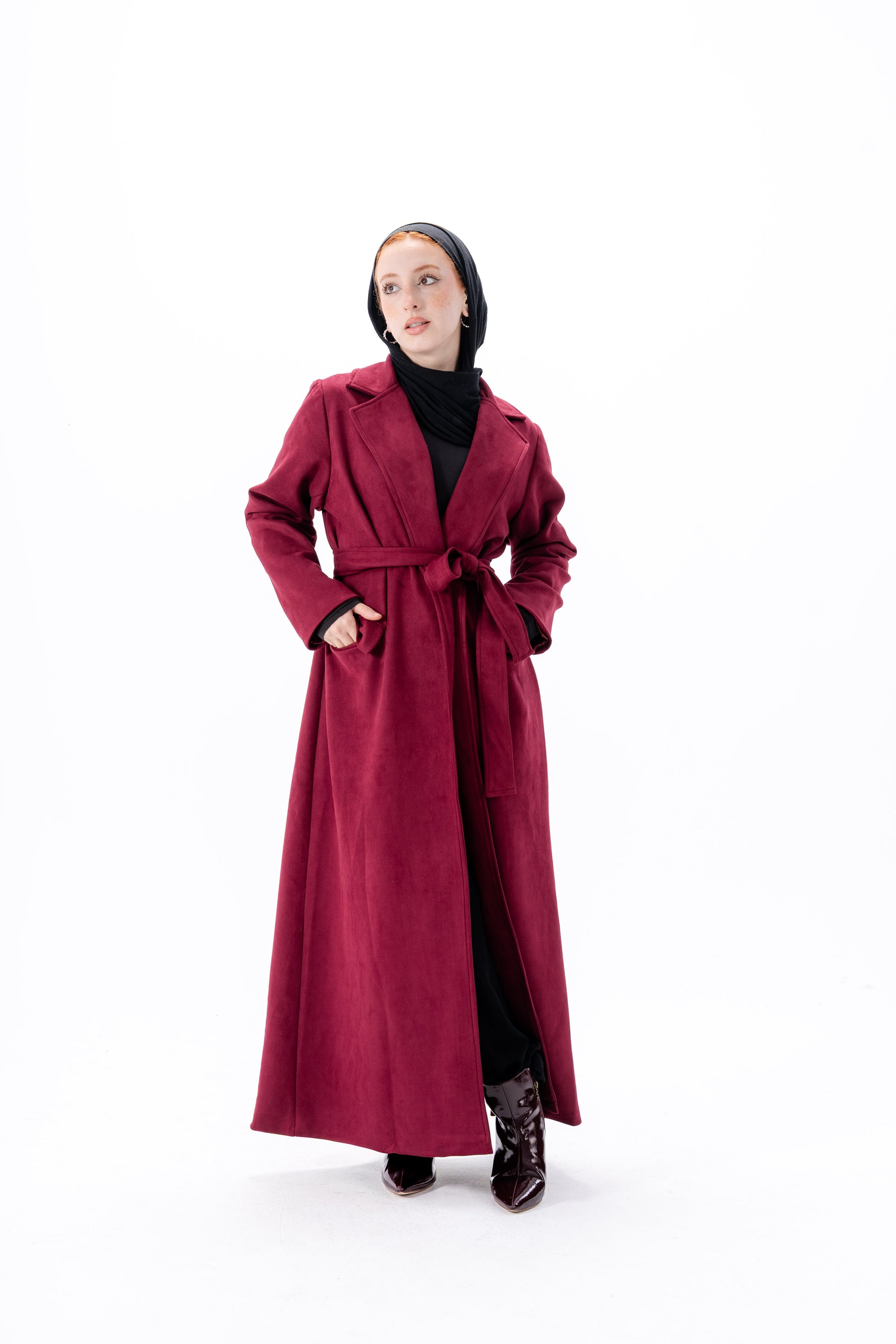 Suede Coat With Scarf-Maroon