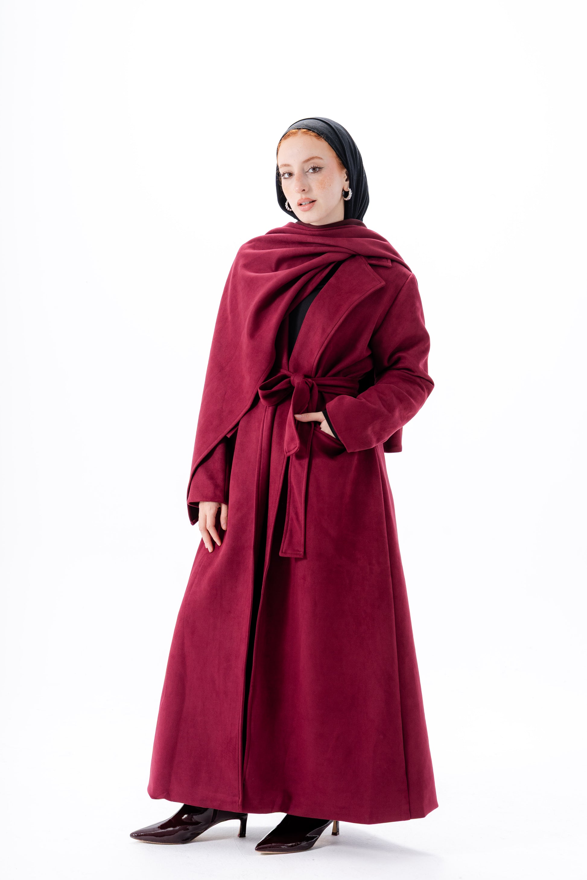 Suede Coat With Scarf-Maroon
