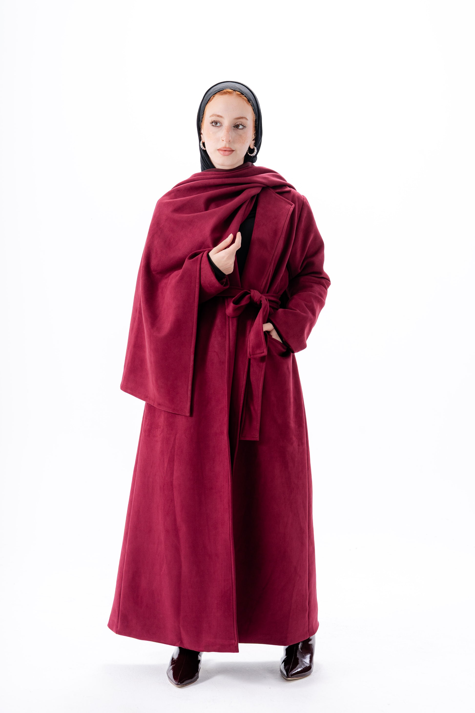 Suede Coat With Scarf-Maroon