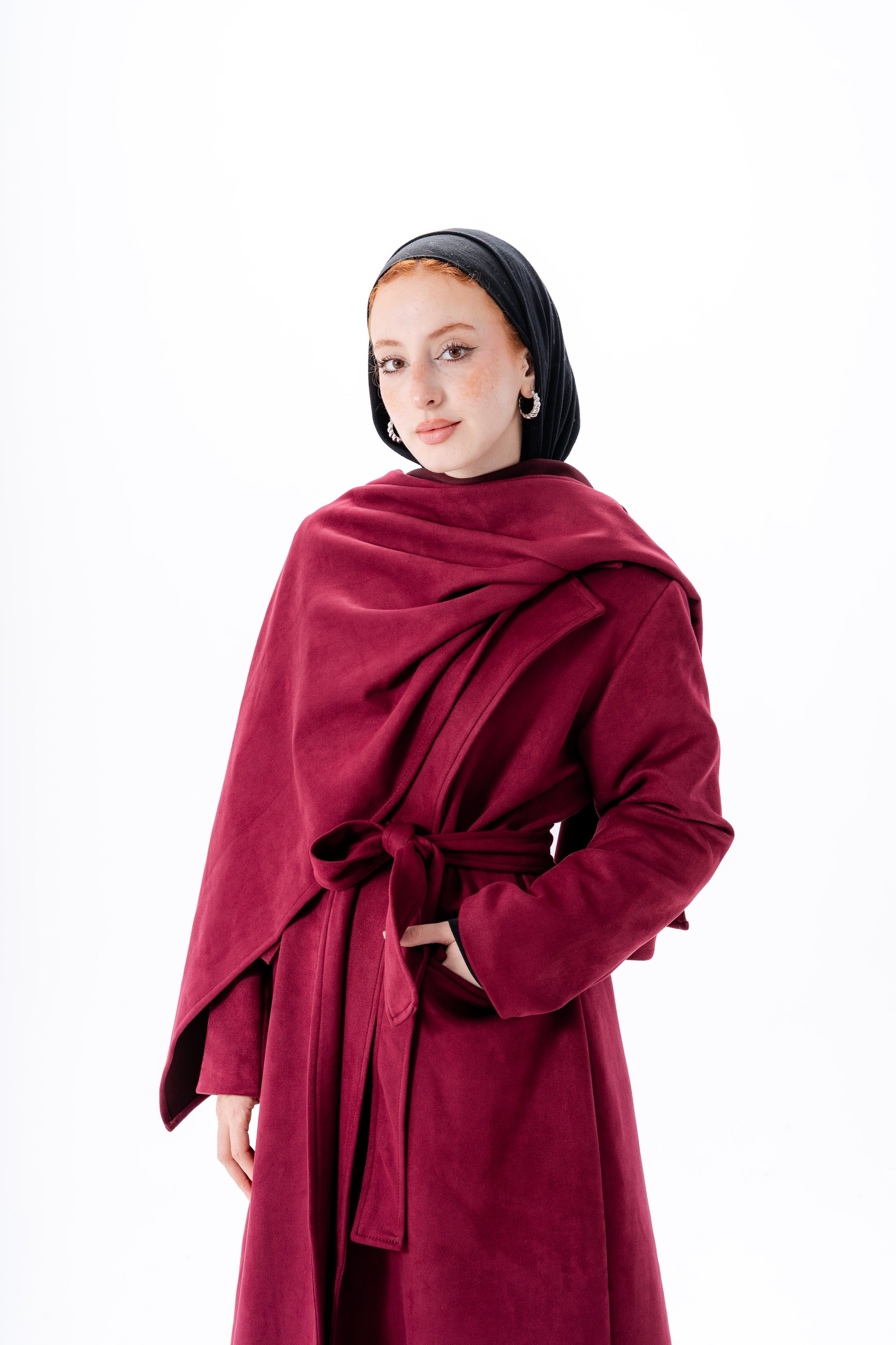 Suede Coat With Scarf-Maroon