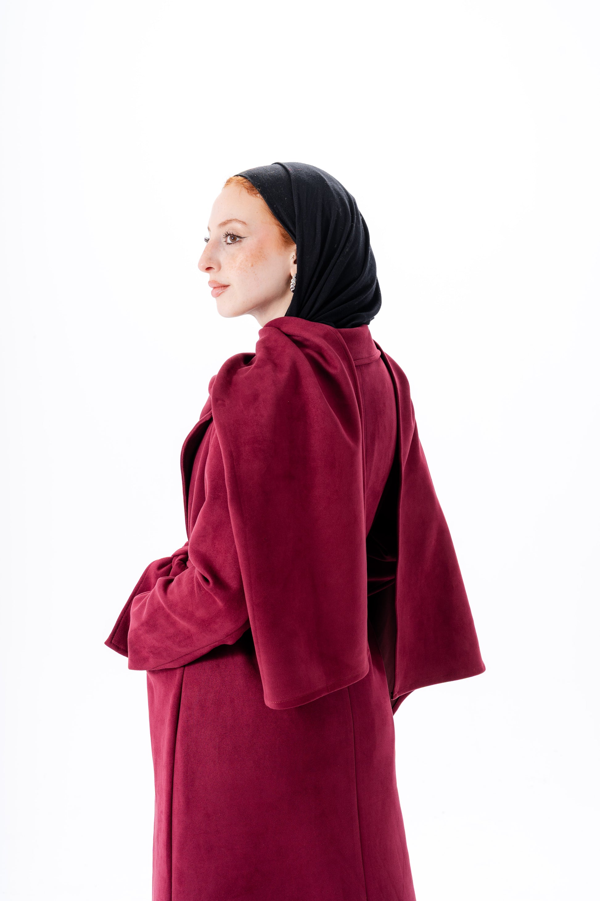 Suede Coat With Scarf-Maroon