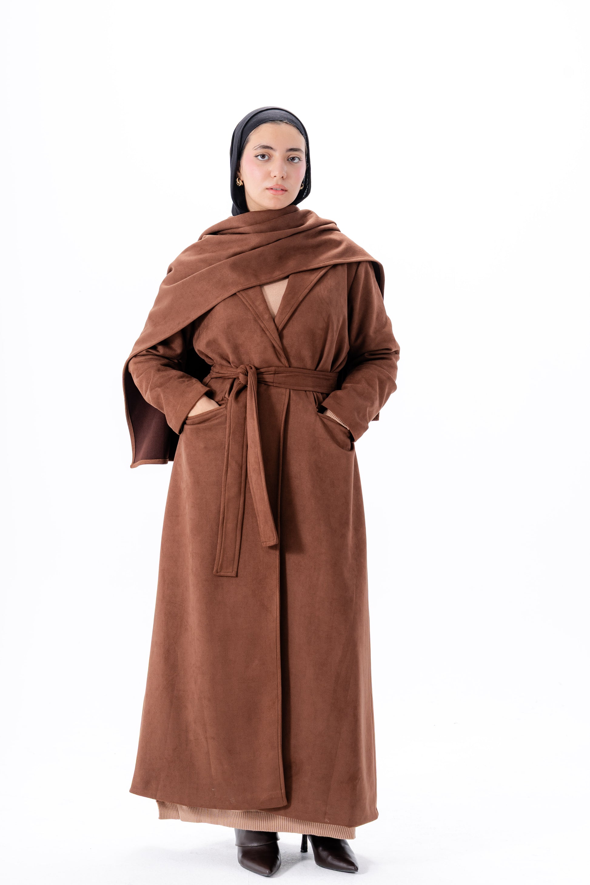 Suede Coat With Scarf- Brown