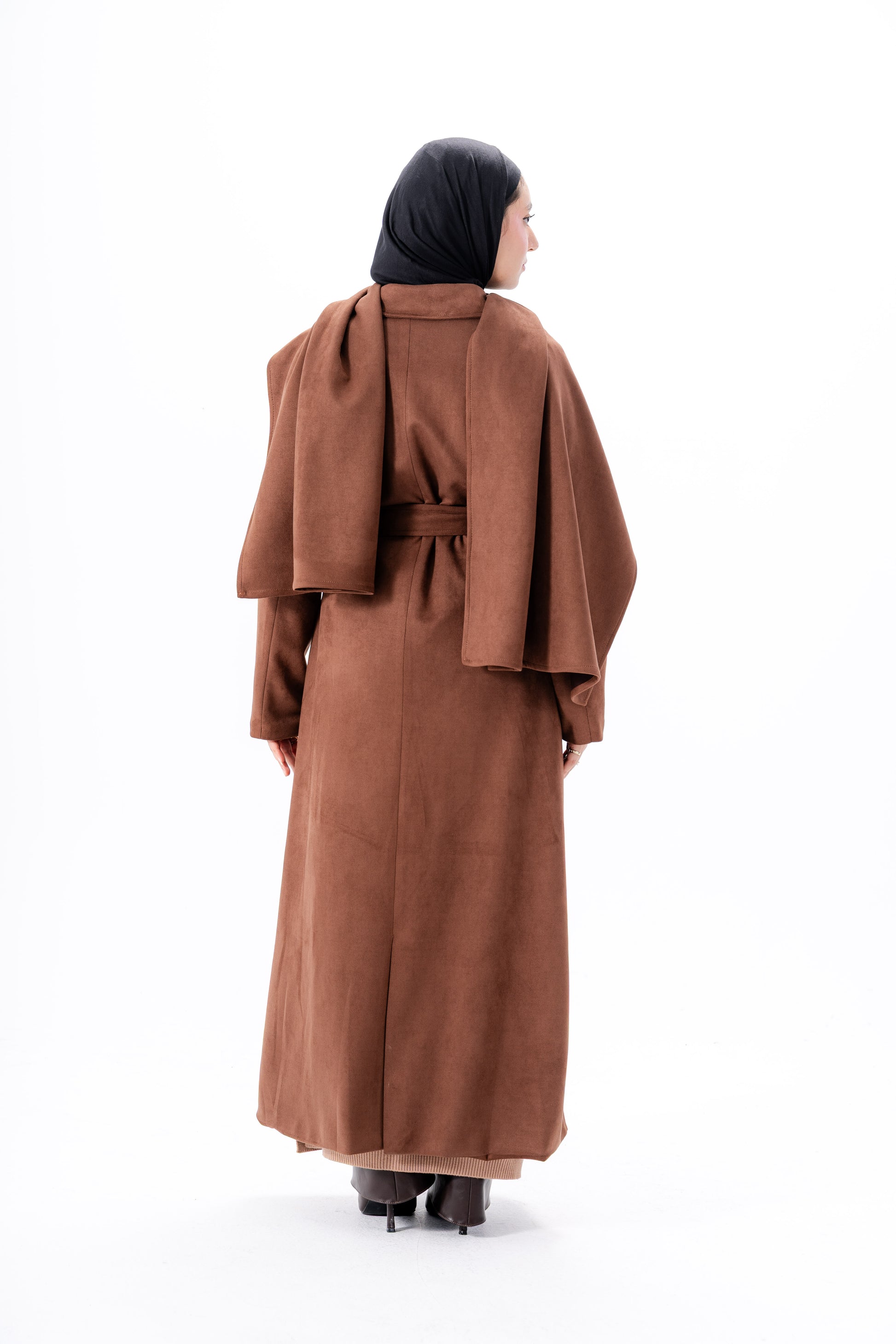 Suede Coat With Scarf- Brown
