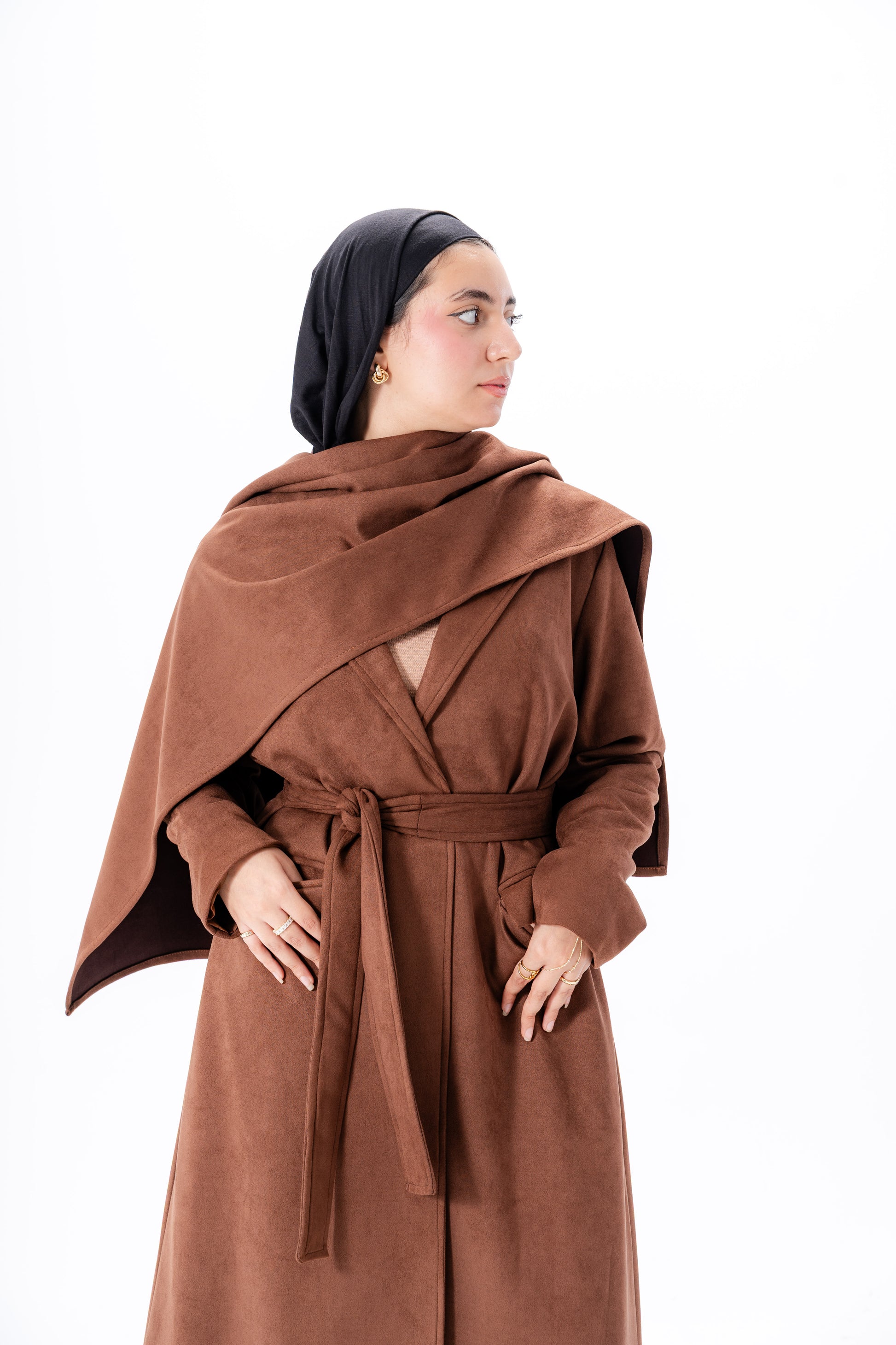 Suede Coat With Scarf- Brown