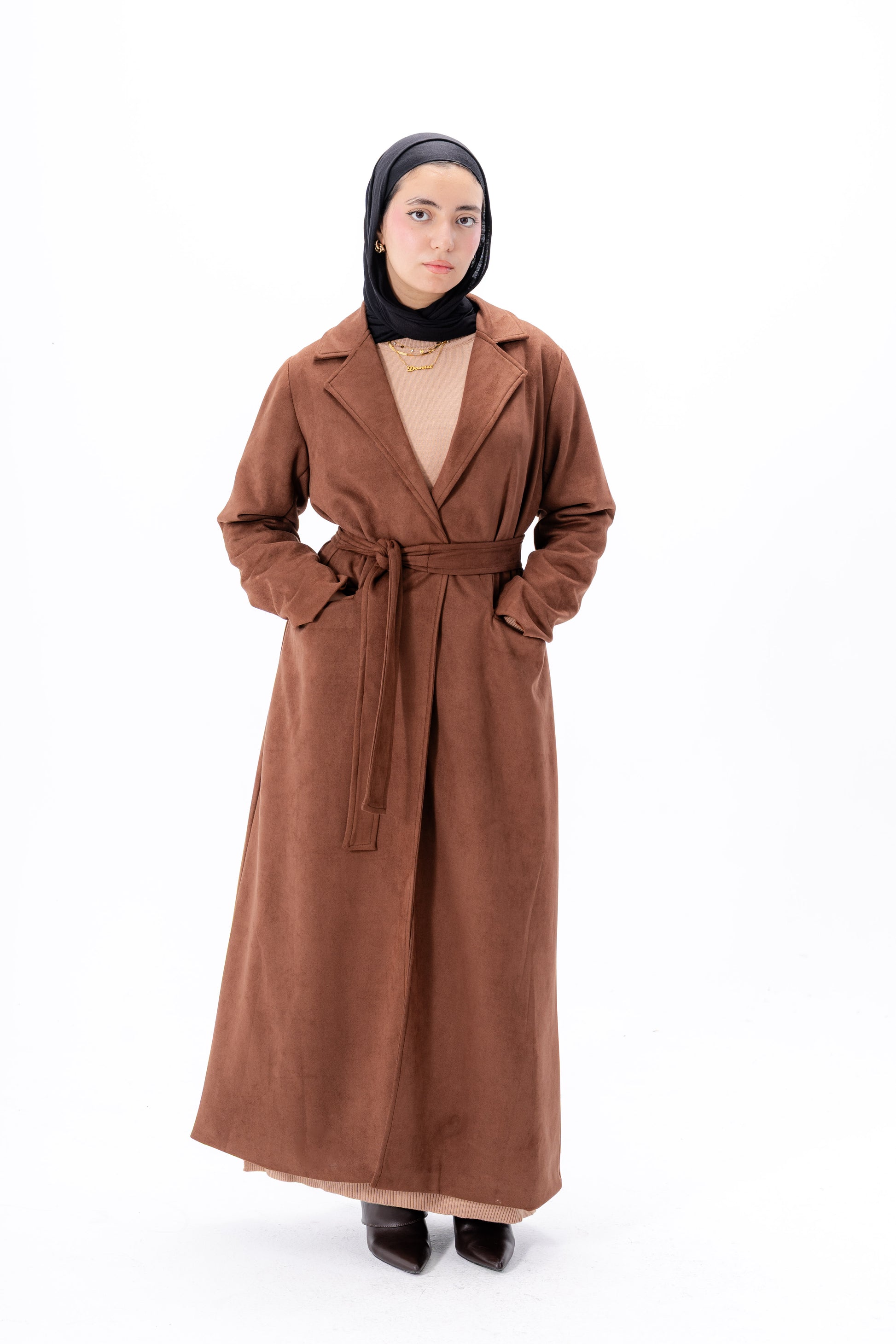 Suede Coat With Scarf- Brown
