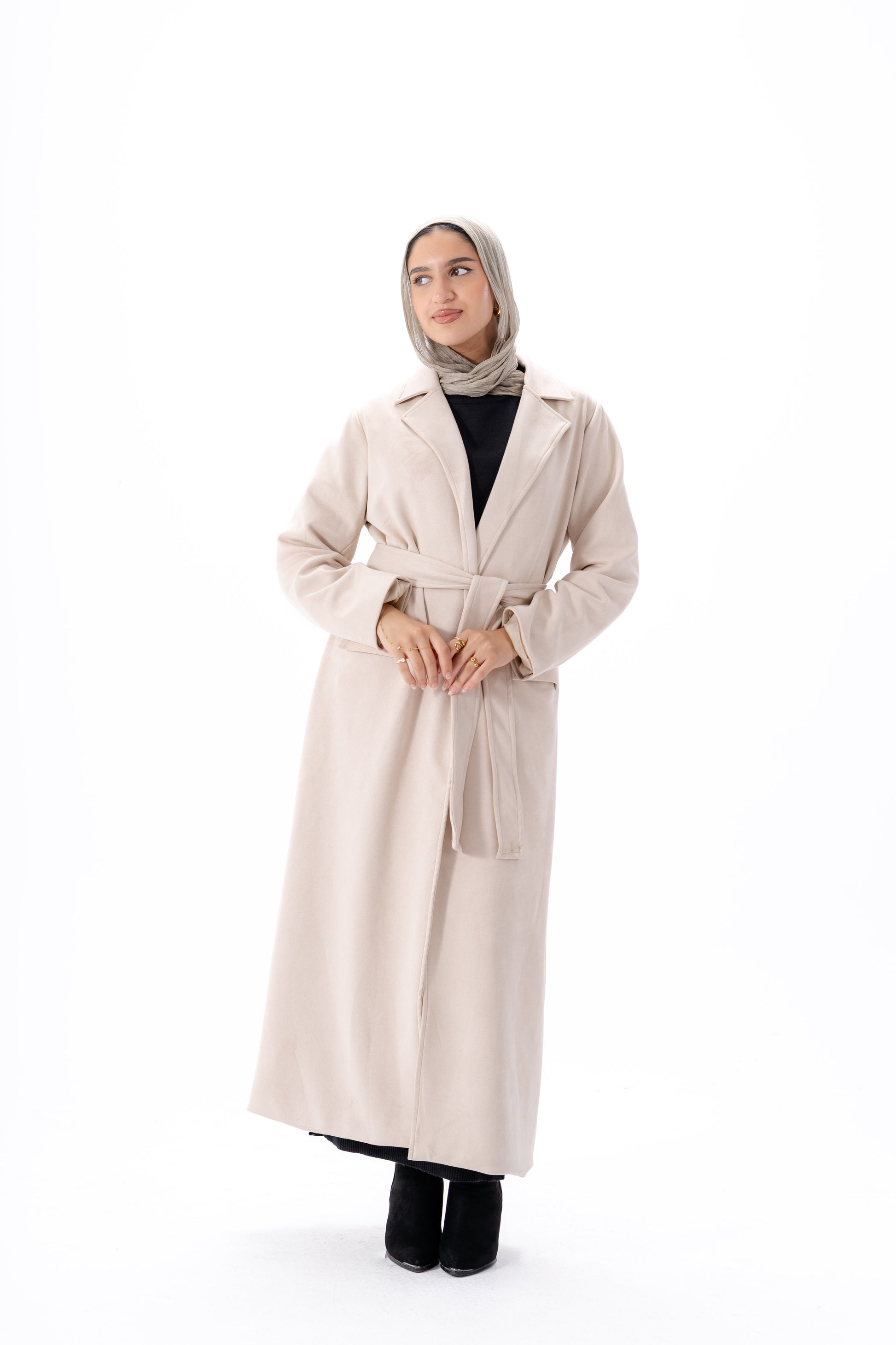 Suede Coat With Scarf- Beige
