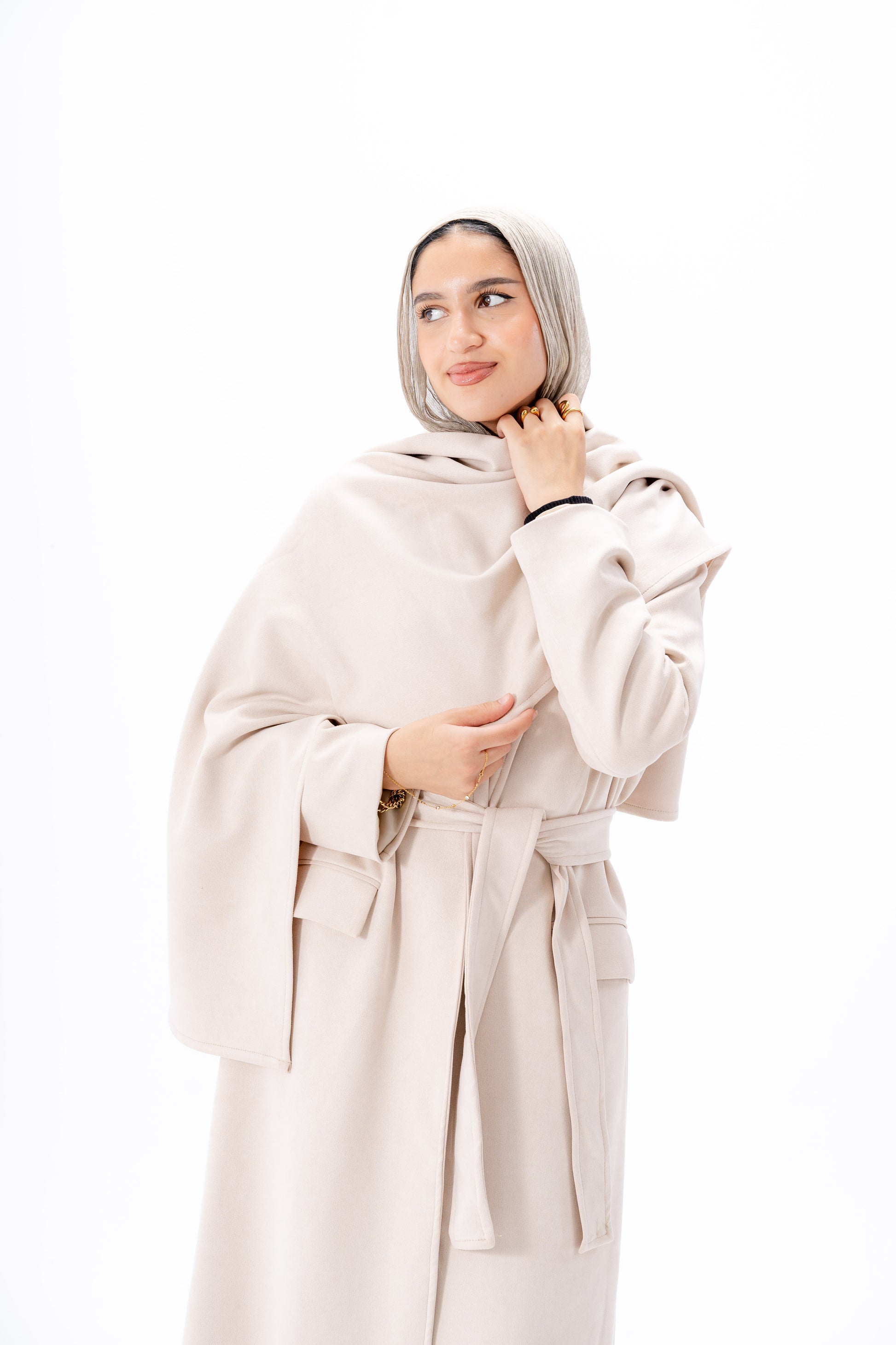 Suede Coat With Scarf- Beige
