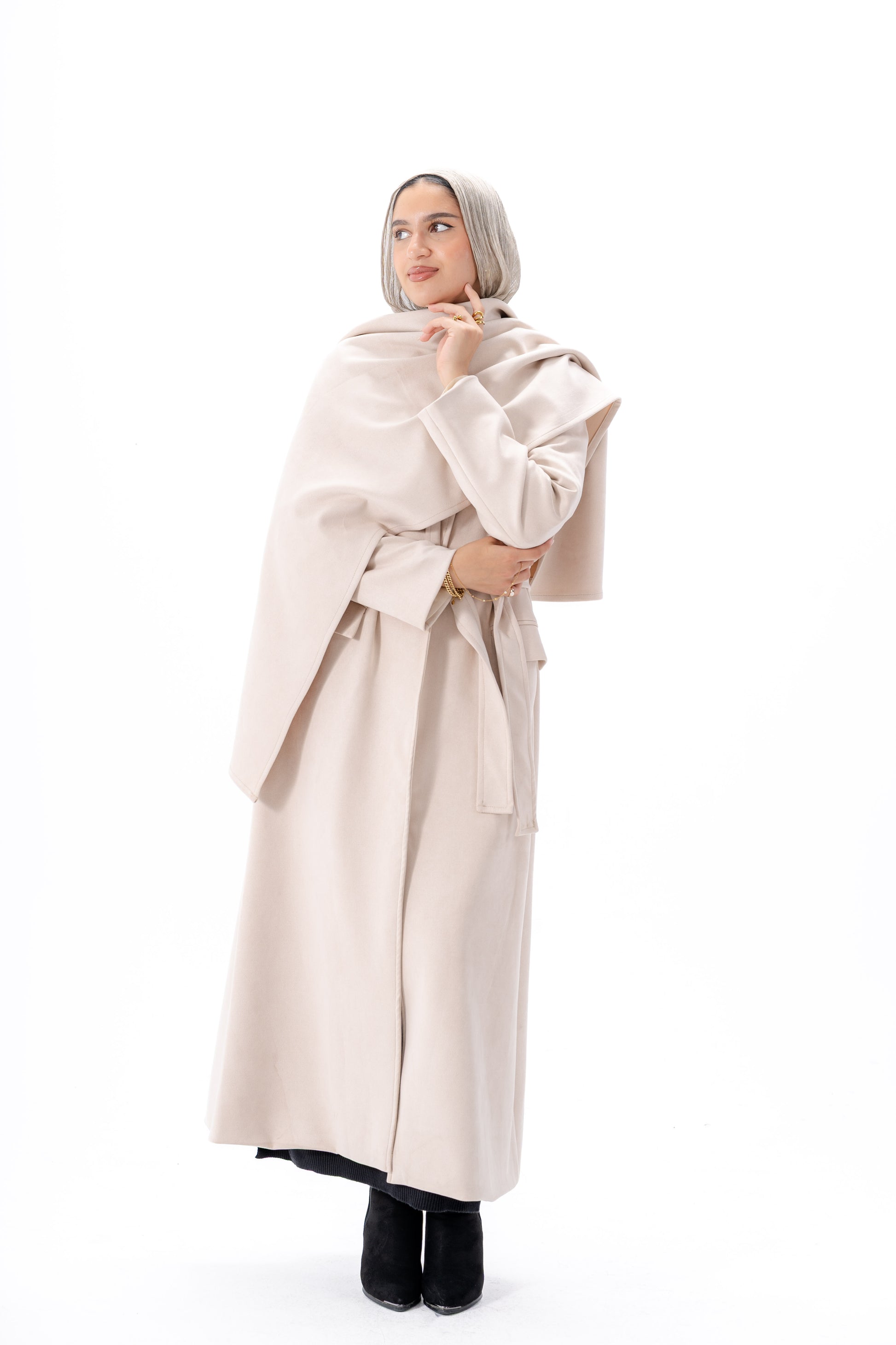 Suede Coat With Scarf- Beige