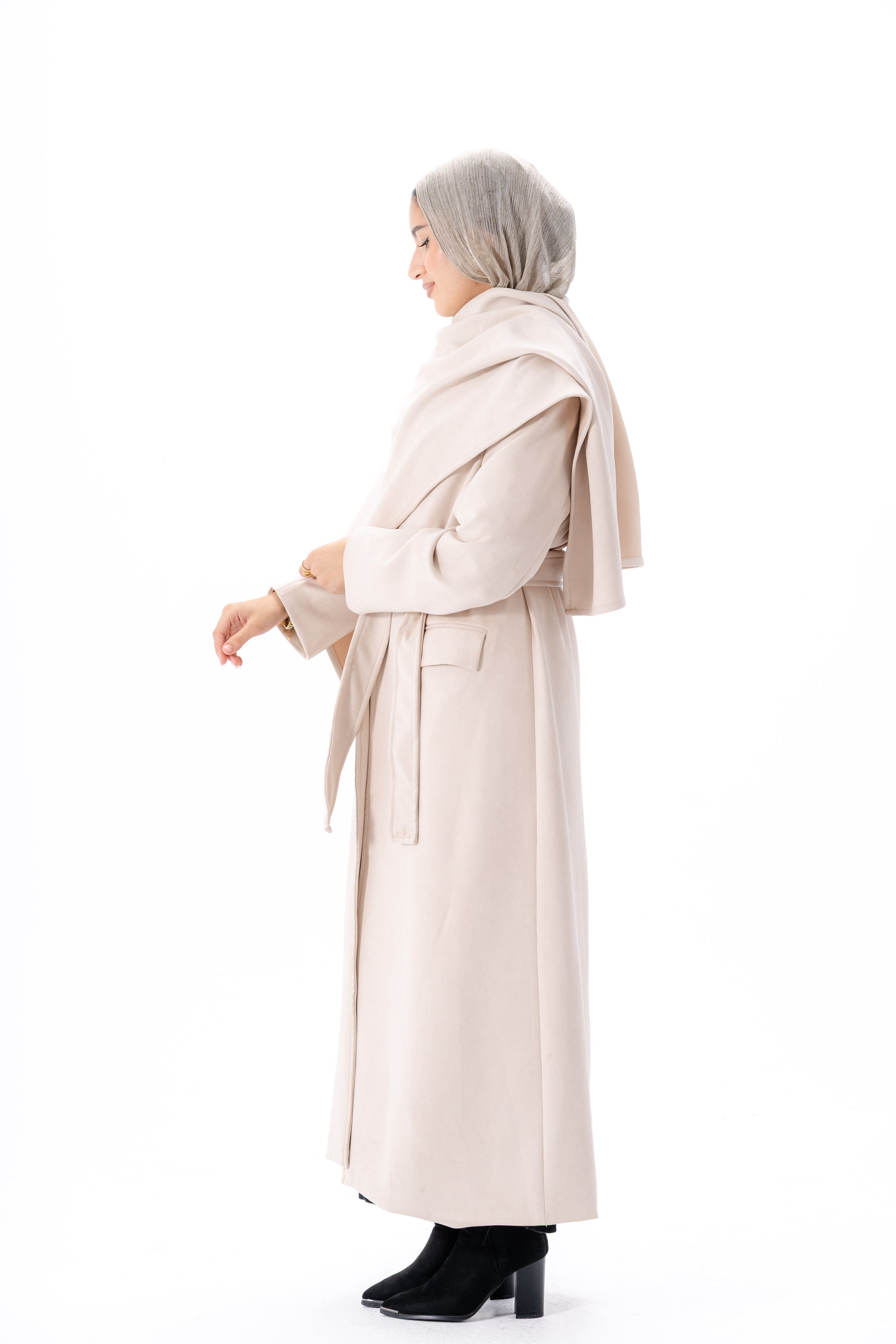 Suede Coat With Scarf- Beige
