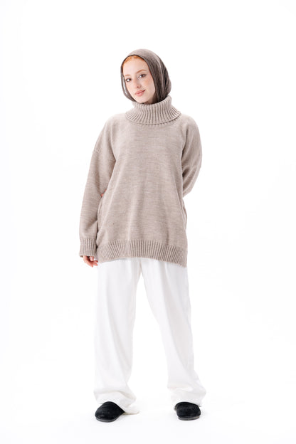 Oversized High-Neck Pullover -Beige