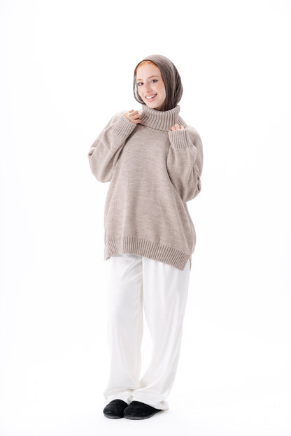 Oversized High-Neck Pullover -Beige