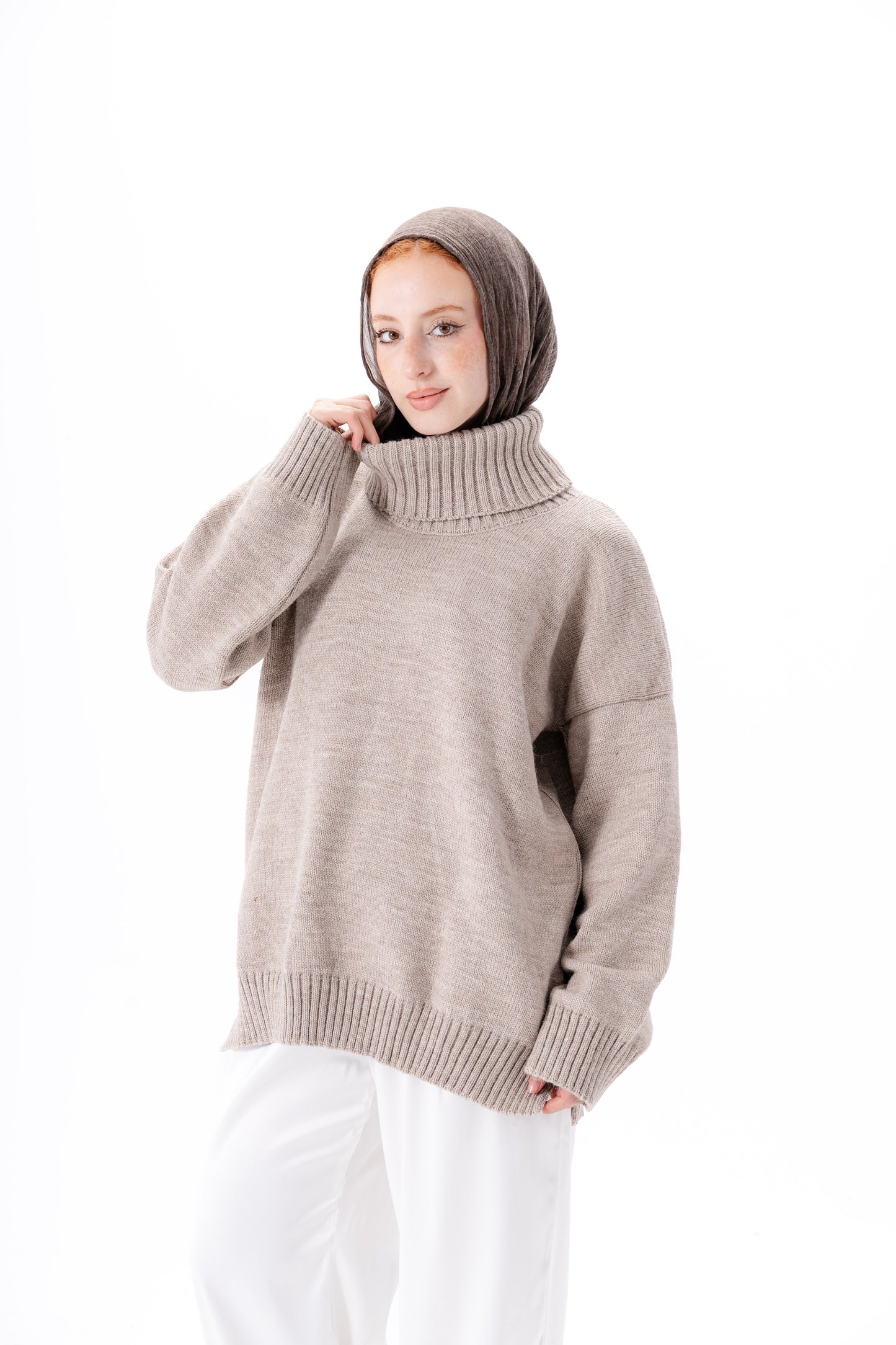 Oversized High-Neck Pullover -Beige