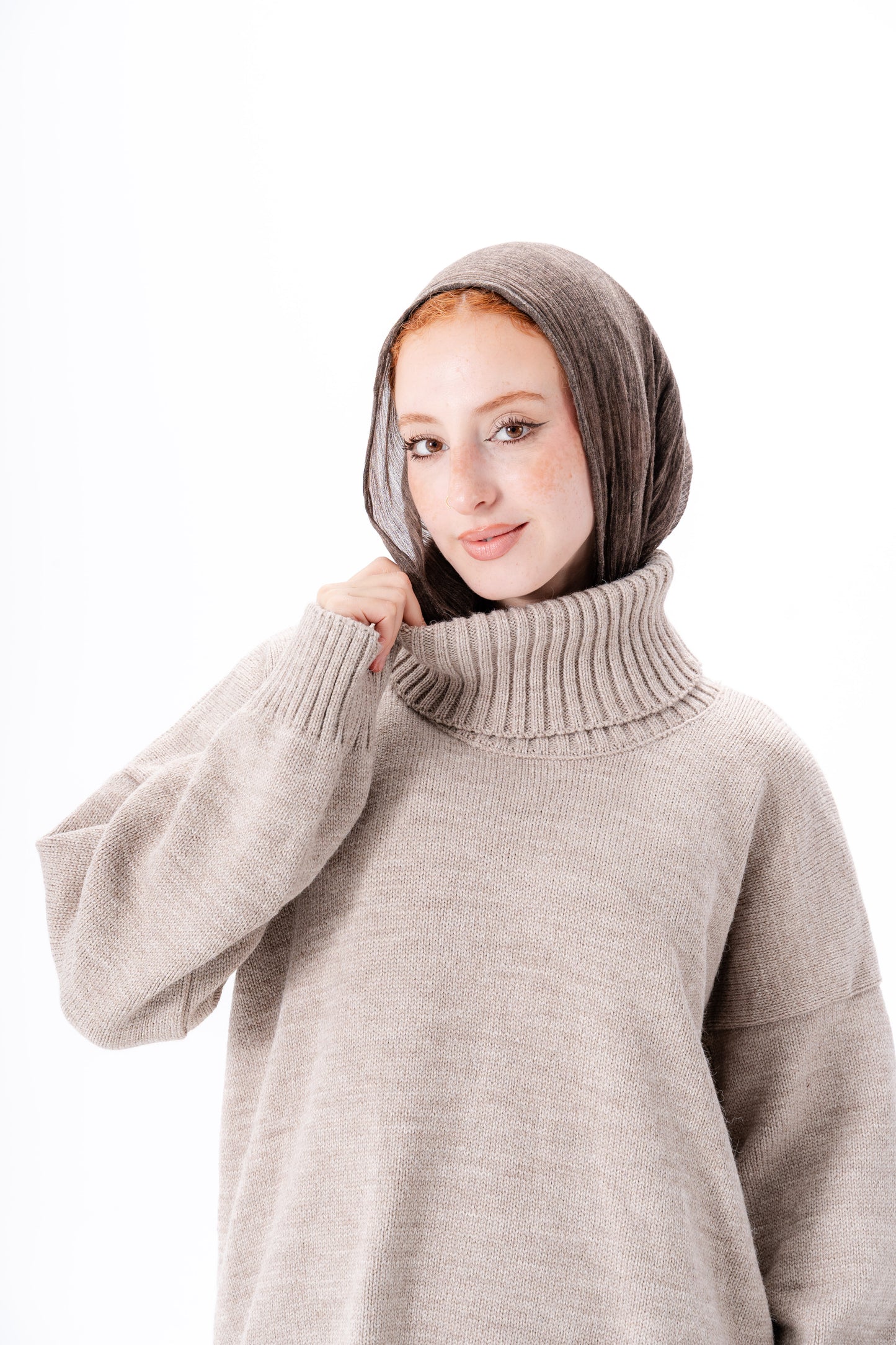 Oversized High-Neck Pullover -Beige