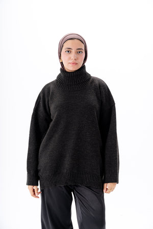 Oversized High-Neck Pullover -Black