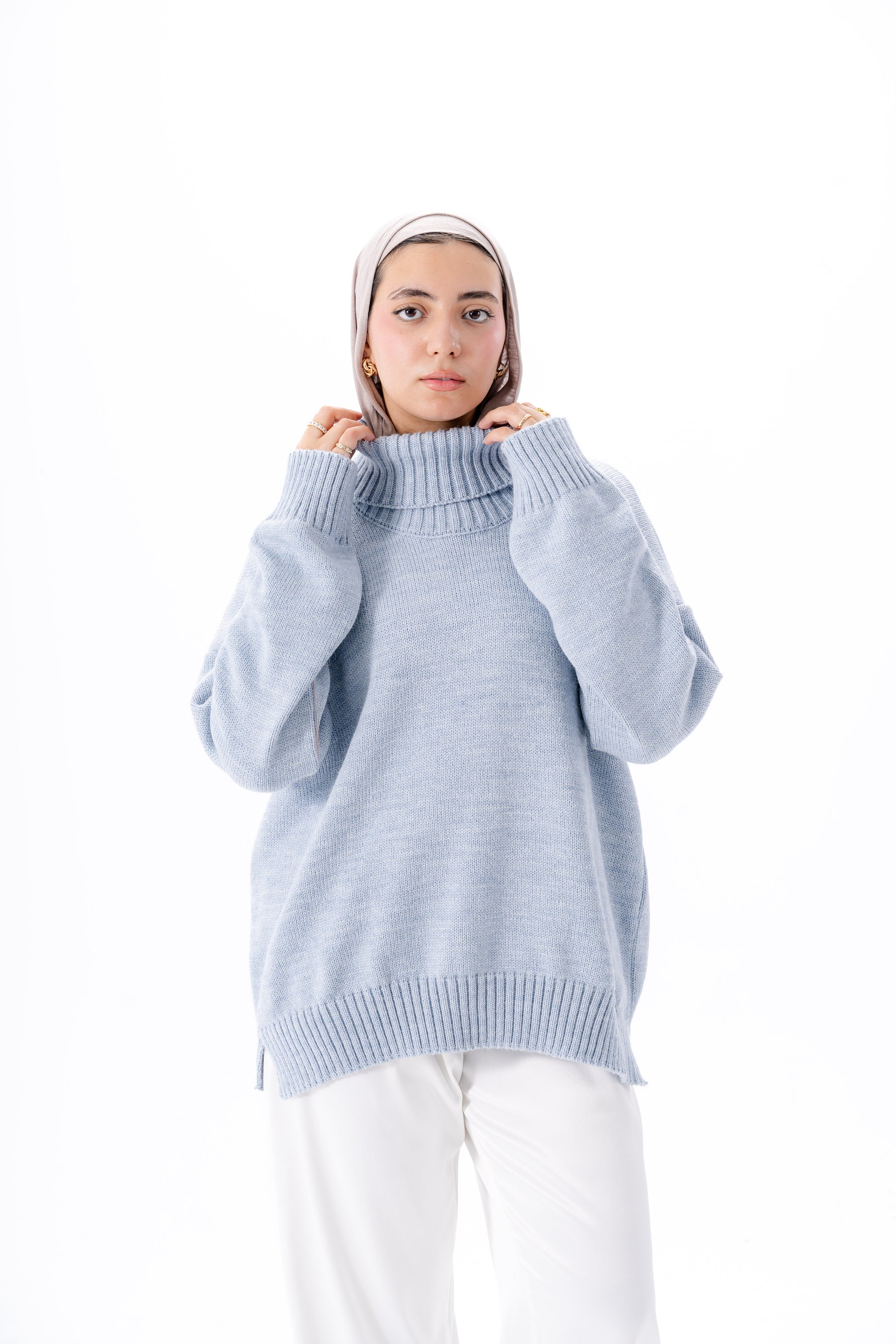 Oversized High-Neck Pullover -Baby Blue