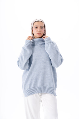 Oversized High-Neck Pullover -Baby Blue
