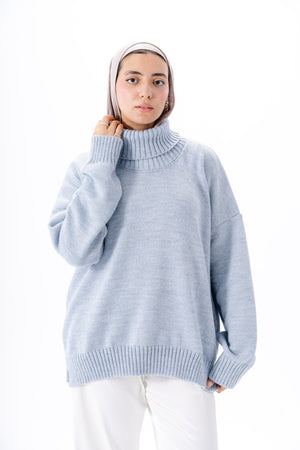 Oversized High-Neck Pullover -Baby Blue