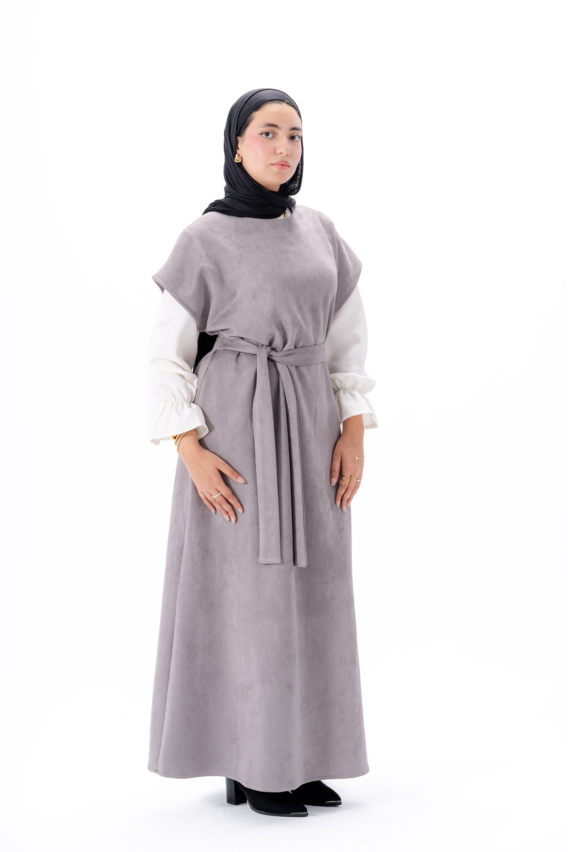 Layered White Sleeve Dress -Gray