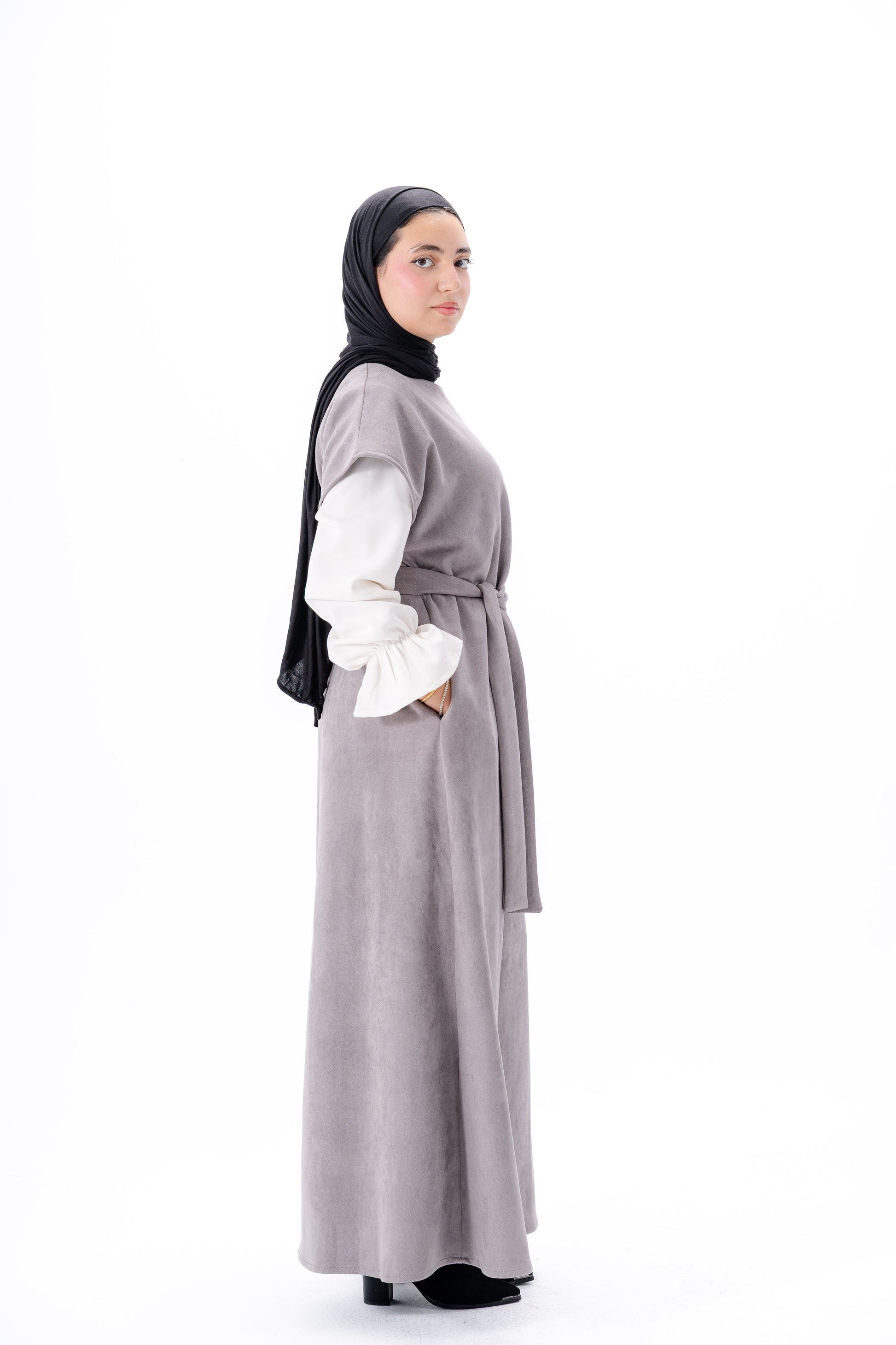 Layered White Sleeve Dress -Gray